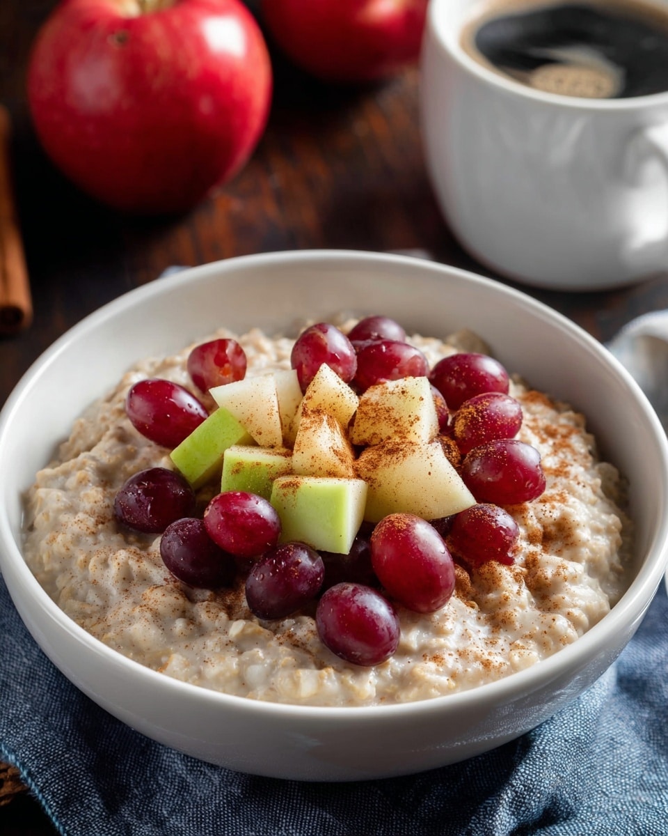 A white bowl filled with creamy oatmeal topped with a mix of fruits and spices, including bright red grapes scattered across the surface, and chunks of pale green and red apple pieces in the center, sprinkled lightly with brown cinnamon powder. The oatmeal has a thick, smooth texture with few visible small lumps. The bowl sits on a blue and white cloth on a dark wooden table, with a blurred red apple and a white cup of steaming black coffee in the background, all set against a white marbled texture. photo taken with an iphone --ar 4:5 --v 7