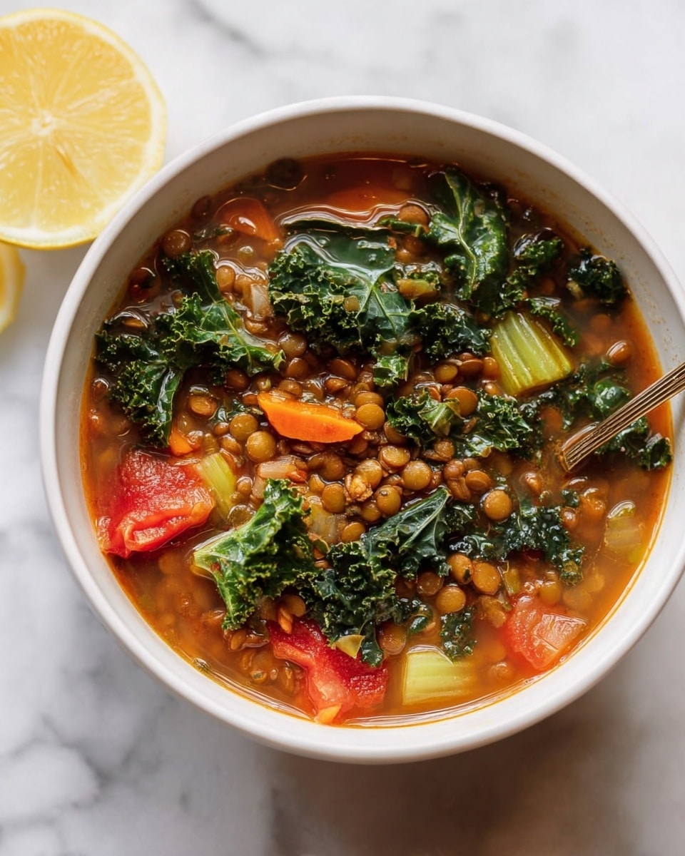 A white bowl filled with a steaming lentil soup consisting of three main layers: the bottom layer is a reddish-brown broth, the middle layer contains light brown lentils along with pieces of chopped green celery, red tomatoes, and orange carrots, and the top layer features dark green, curly kale leaves floating around. The bowl sits on a white marbled surface with a yellow half lemon placed nearby. Photo taken with an iphone --ar 4:5 --v 7