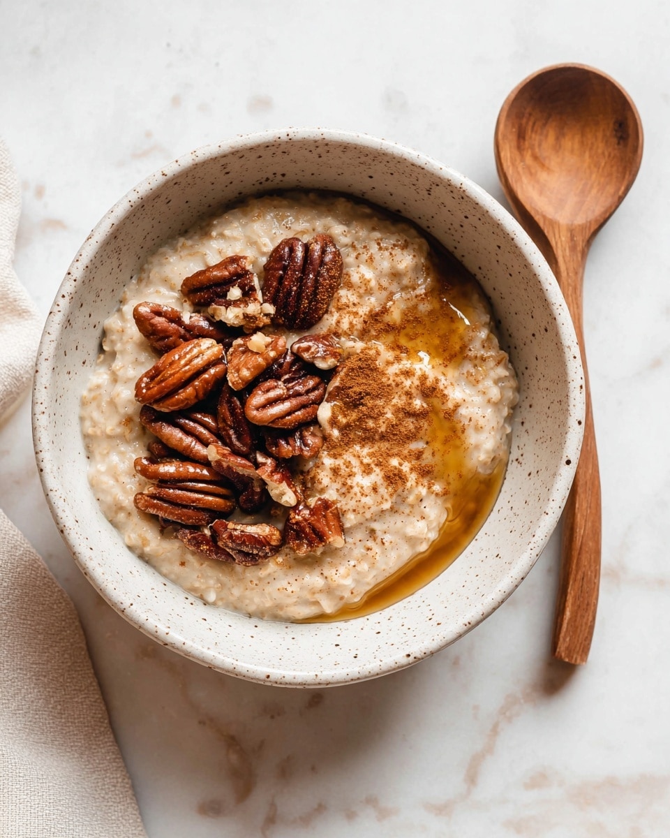 In a white bowl with small brown spots, there is a creamy oatmeal layer that is light beige in color and has a thick texture. On top, one side of the oatmeal is covered with a layer of whole and chopped pecans that are dark brown and glossy. Next to the pecans, there is a dusting of cinnamon powder with a warm brown color. There are also streaks of honey or syrup in a golden amber color drizzled over part of the oatmeal. The bowl is placed on a white marbled surface with brown and golden veins, and a wooden spoon lies beside the bowl. photo taken with an iphone --ar 4:5 --v 7