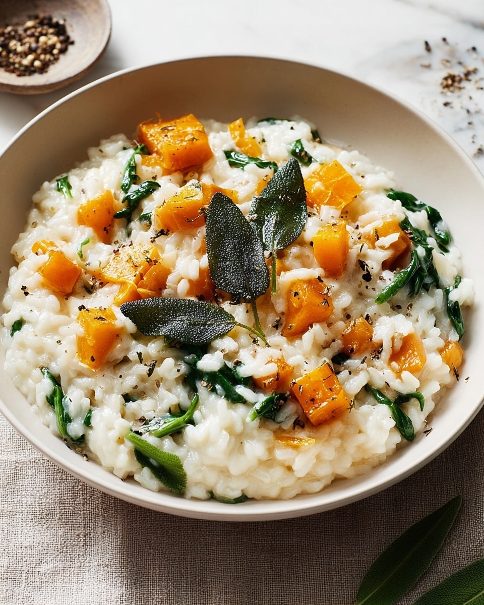 A white bowl filled with creamy risotto featuring three main layers: the base is soft and glossy white rice, mixed throughout with bright orange cubes of roasted squash, and scattered vibrant green spinach leaves. On top, dark green crispy sage leaves add a fresh, textured garnish, with small specks of black pepper visible over the risotto. The bowl sits on a neutral fabric on a white marbled surface, with a small pile of ground black pepper and a sage leaf nearby. Photo taken with an iphone --ar 4:5 --v 7