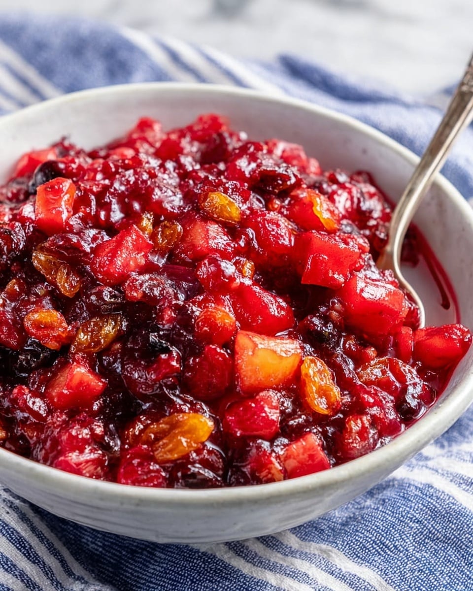 A close-up view of a white bowl filled with a chunky, glossy cranberry sauce showing multiple textures and colors; the top layer is a mix of bright red, deep maroon, and orange pieces of cranberries and fruit chunks, with some golden raisins scattered throughout, all coated in a shiny, sticky glaze; the bowl rests on a blue and white striped cloth on a white marbled textured surface, and a silver spoon is partially buried in the mixture. photo taken with an iphone --ar 4:5 --v 7