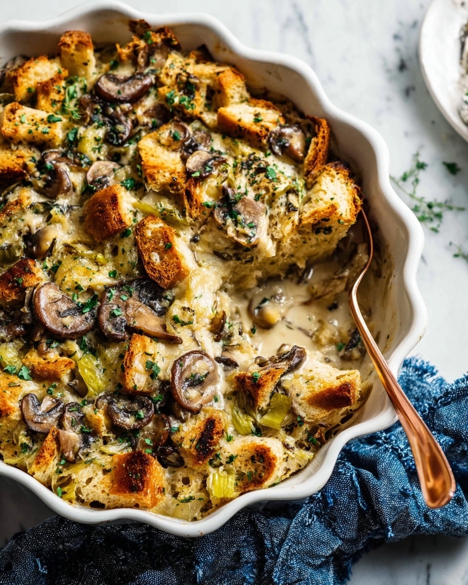 A white scalloped dish holds a layered mushroom and bread casserole with about three visible layers. The base layer has pieces of light brown bread soaked in creamy sauce, mixed with sautéed sliced mushrooms and green leeks. The top layer is golden brown bread chunks with more mushrooms and chopped green herbs sprinkled all over. A rose gold spoon is scooping into the dish, showing soft creamy texture inside. The dish sits on a white marbled surface with a blue cloth nearby. Photo taken with an iphone --ar 4:5 --v 7
