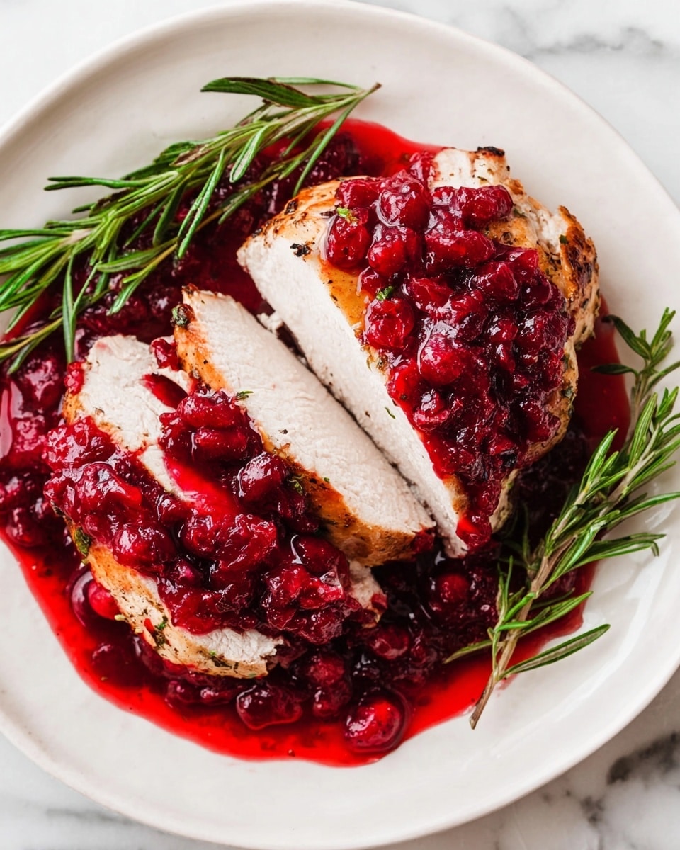 Two thick slices of cooked chicken breast with a golden-brown outside layer sit in the center of a white plate, partially covered with a chunky bright red cranberry sauce that has a shiny, slightly wet texture. The cranberry layer is thick and spread over the top and sides of the chicken, with some sauce pooling at the bottom of the plate. Fresh green rosemary sprigs are scattered on top and beside the chicken, adding a contrast of color and texture. The white plate rests on a surface with a white marbled texture. photo taken with an iphone --ar 4:5 --v 7