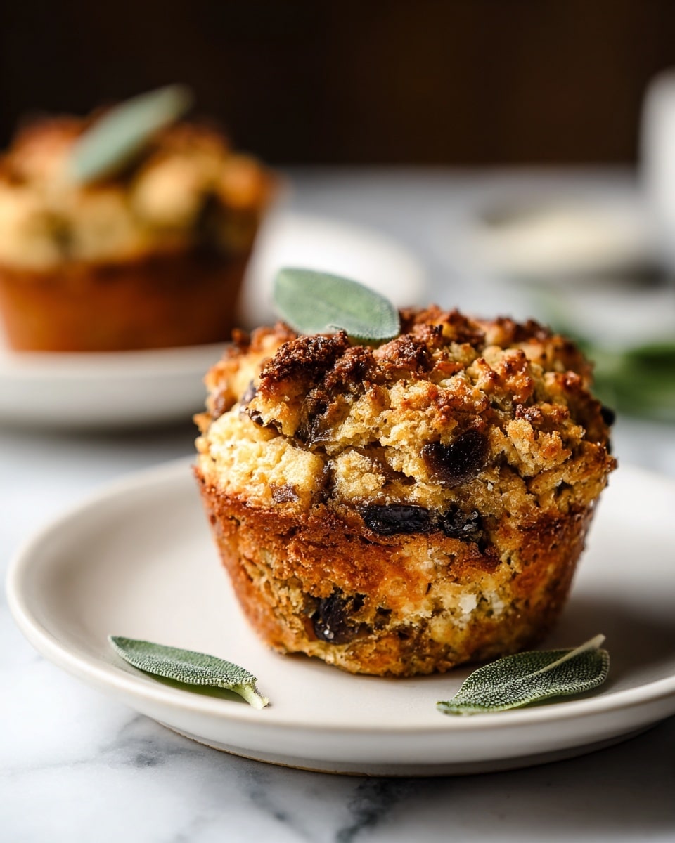 A single round muffin-shaped dish sits center on a white plate placed on a white marbled surface. The dish has a crumbly, rough textured top layer with golden brown toasted spots and darker browned edges around the sides. Below the top, the interior shows mixed shades of light tan and brown, studded with pieces of dark mushrooms. A small green sage leaf rests on top, with a few fresh sage leaves gently placed next to the muffin on the plate. A blurred second muffin on a white plate is visible in the background, adding depth. Photo taken with an iphone --ar 4:5 --v 7