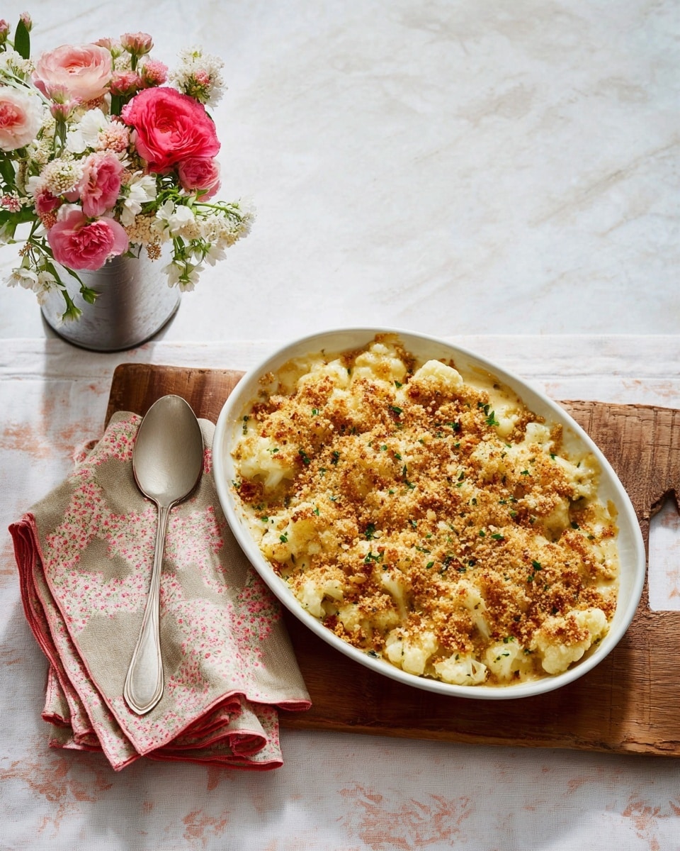 A white oval baking dish filled with baked cauliflower gratin on a wooden cutting board, showing a top layer of golden brown crispy breadcrumbs mixed with small green herb bits, underneath is creamy, melted cheese covering chunks of soft, white cauliflower, the surface is uneven with browned spots. Next to the dish is a large silver spoon reflecting light and a stack of folded pink and beige floral cloth napkins. To the left, a small metal vase holds a bouquet of fresh pink and white flowers with green leaves. All set on a white marbled textured table surface. photo taken with an iphone --ar 4:5 --v 7