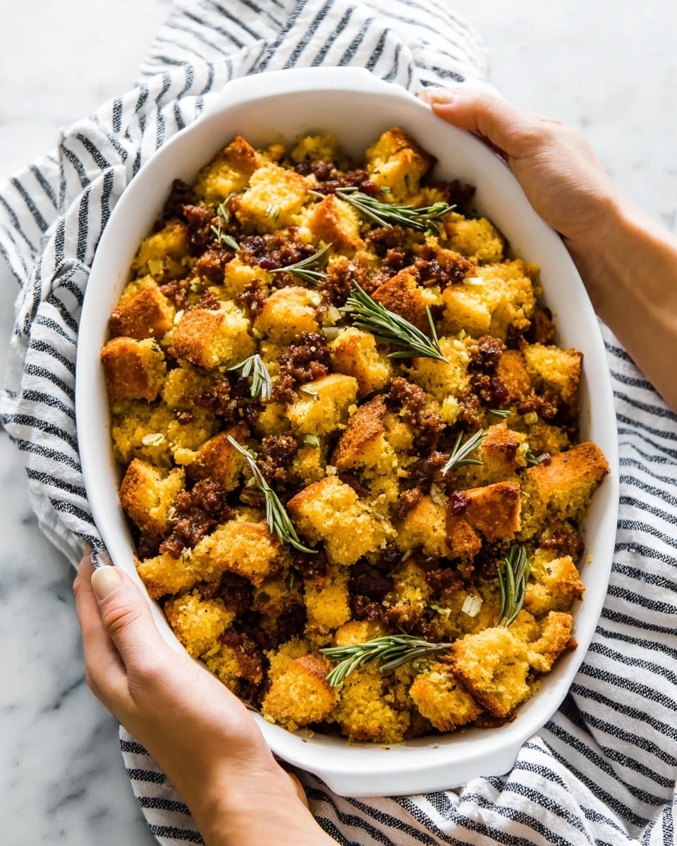 A white oval dish filled with a textured cornbread stuffing that has two main layers: large golden-yellow cornbread chunks on top with a slightly crispy, browned crust, and darker, crumbly sausage pieces mixed with small diced celery pieces underneath. Green rosemary sprigs are scattered across the top adding a fresh touch. The dish is held by two women's hands using a black and white striped cloth on a white marbled surface. photo taken with an iphone --ar 4:5 --v 7