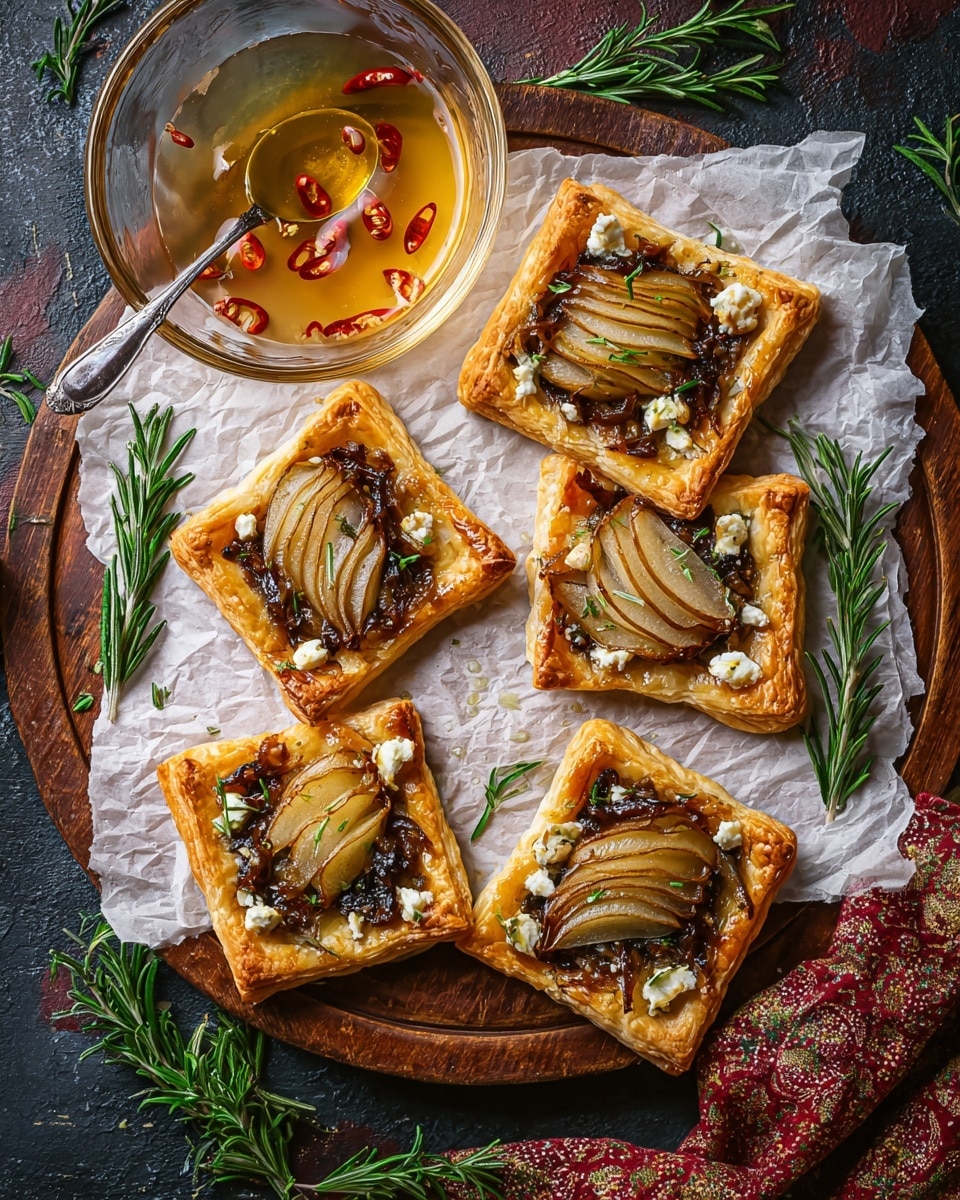 The image shows six small rectangular tarts on white crumpled paper on a wooden round plate. Each tart has three layers: a golden-brown flaky crust as the bottom layer, a dark, thick spread in the middle, and thin slices of cooked pear on top. Crumbled white cheese and small green rosemary leaves are scattered over the pears, adding texture and color contrast. Next to the plate is a glass jar filled with a golden liquid with red chili slices floating inside and a silver spoon resting in it. Green rosemary sprigs lie around the plate on a dark rough surface, and a silver serving fork lies nearby. photo taken with an iphone --ar 4:5 --v 7
