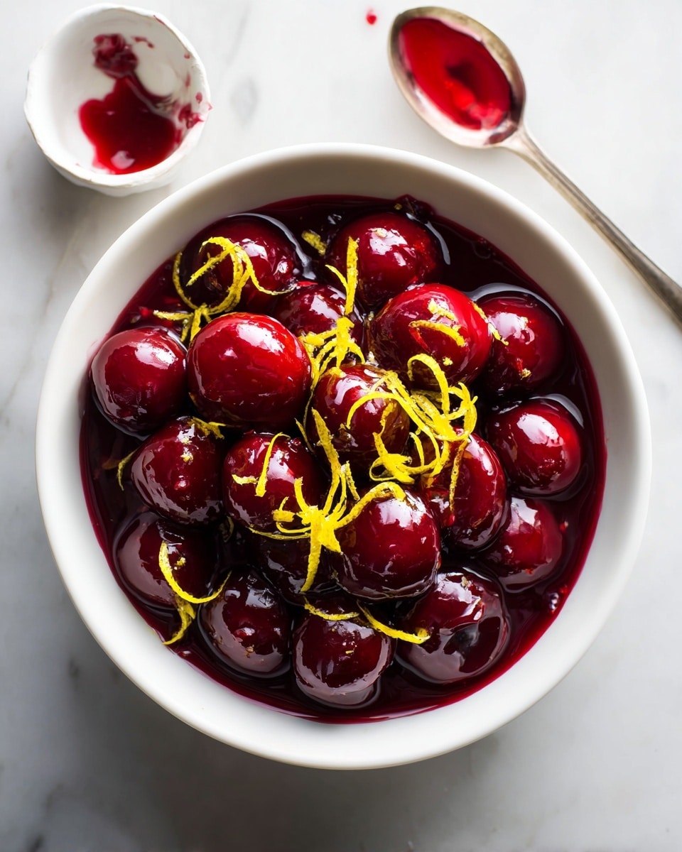 A white bowl filled with a glossy, deep red cherry compote showing whole cherries and thick syrup, topped with thin, curly yellow lemon zest strips scattered evenly over the surface. On the white marbled surface next to it, there is a small white bowl holding a spoon that has some red syrup on it, with a small amount of syrup spilled around. The lighting highlights the shine on the cherries and syrup, making the colors rich and vibrant. photo taken with an iphone --ar 4:5 --v 7
