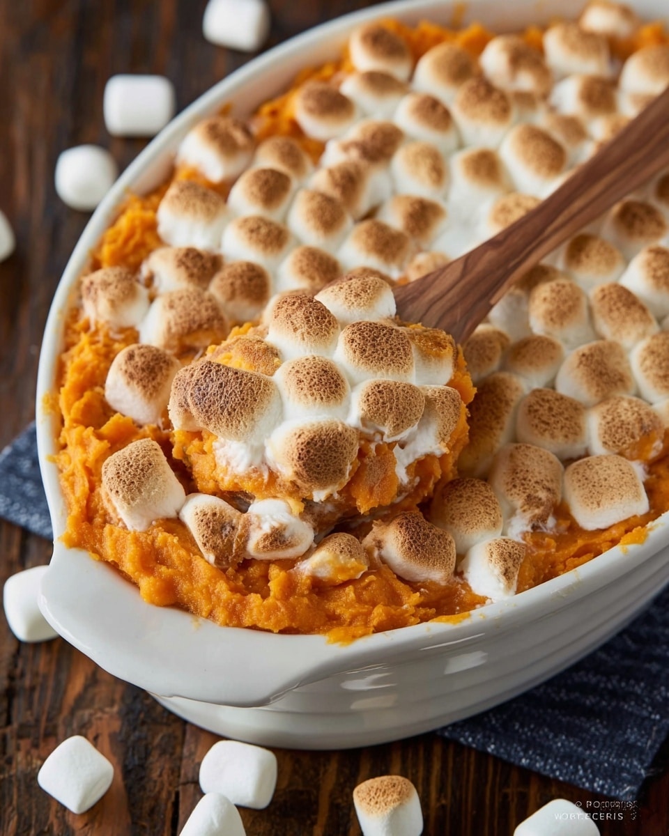 The image shows a white oval dish filled with a two-layer dessert. The bottom layer is smooth and mashed sweet potato, bright orange in color with a creamy texture. The top layer is covered with small, toasted marshmallows that are golden brown and slightly crispy on the surface. A wooden spoon scoops up some of the dish, showing both the orange mash below and the toasted marshmallow topping. The dish sits on a dark wooden surface and is partially surrounded by some loose marshmallows. photo taken with an iphone --ar 4:5 --v 7