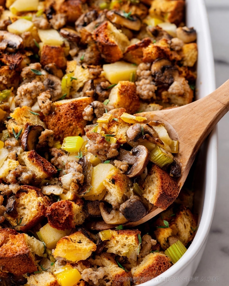 A close-up of a baked stuffing dish in a white baking dish, showing multiple layers of toasted bread chunks that are golden brown, mixed with chunks of yellow potatoes, sliced mushrooms with brown tops, green celery pieces, and bits of cooked sausage in tan crumbles. The textures range from crispy bread edges to soft cooked vegetables. A wooden spoon is scooping into the stuffing from the right side, lifting some pieces with varied textures and colors. The background is a white marbled texture. photo taken with an iphone --ar 4:5 --v 7