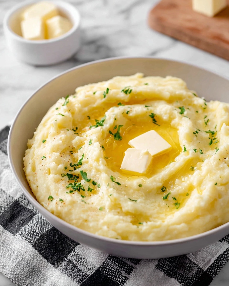 A close-up view of a single layer of creamy, light yellow mashed potatoes served in a white bowl. The surface of the mashed potatoes is smooth with soft peaks around the edges and a shallow well in the center holding melted golden butter, with two small solid butter cubes melting inside it. The dish is sprinkled with small green fresh herb bits, likely parsley. The bowl is placed on a white marbled surface with a black and white checkered cloth partially visible underneath. In the background, a blurred white bowl with more butter cubes and a wooden cutting board are visible. Photo taken with an iphone --ar 4:5 --v 7