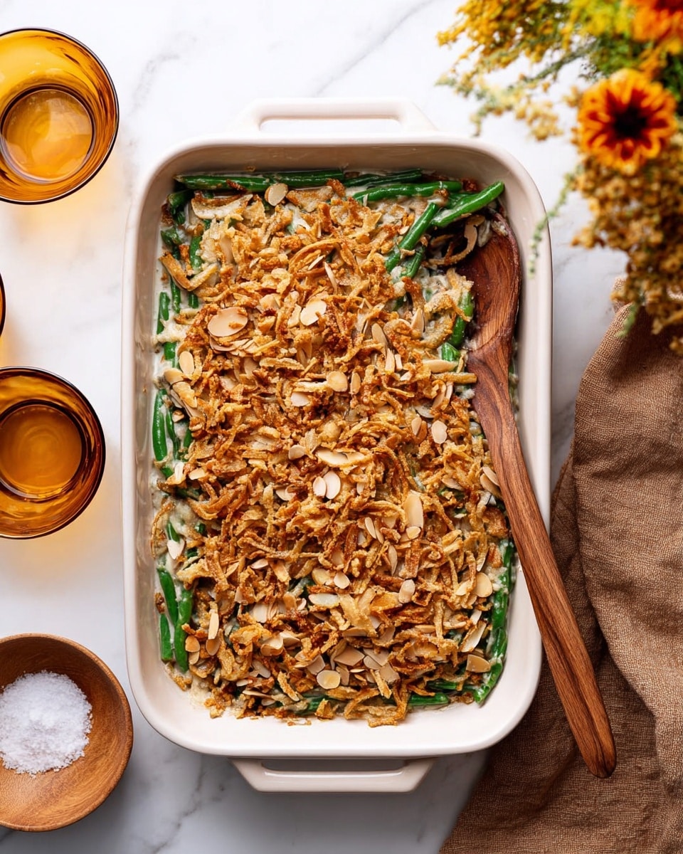 A rectangular white casserole dish filled with a baked green bean casserole. The base layer has bright green beans mixed with a creamy sauce. On top, there is a thick layer of crispy fried onions and sliced almonds that are golden brown and crunchy in texture. A wooden spoon rests inside the dish on the right side. The dish is placed on a white marbled surface with a soft brown cloth underneath the right side, and two amber-colored glasses are visible on the top left. A small wooden bowl of white salt and a fall flower arrangement are partially visible on the top right. photo taken with an iphone --ar 4:5 --v 7