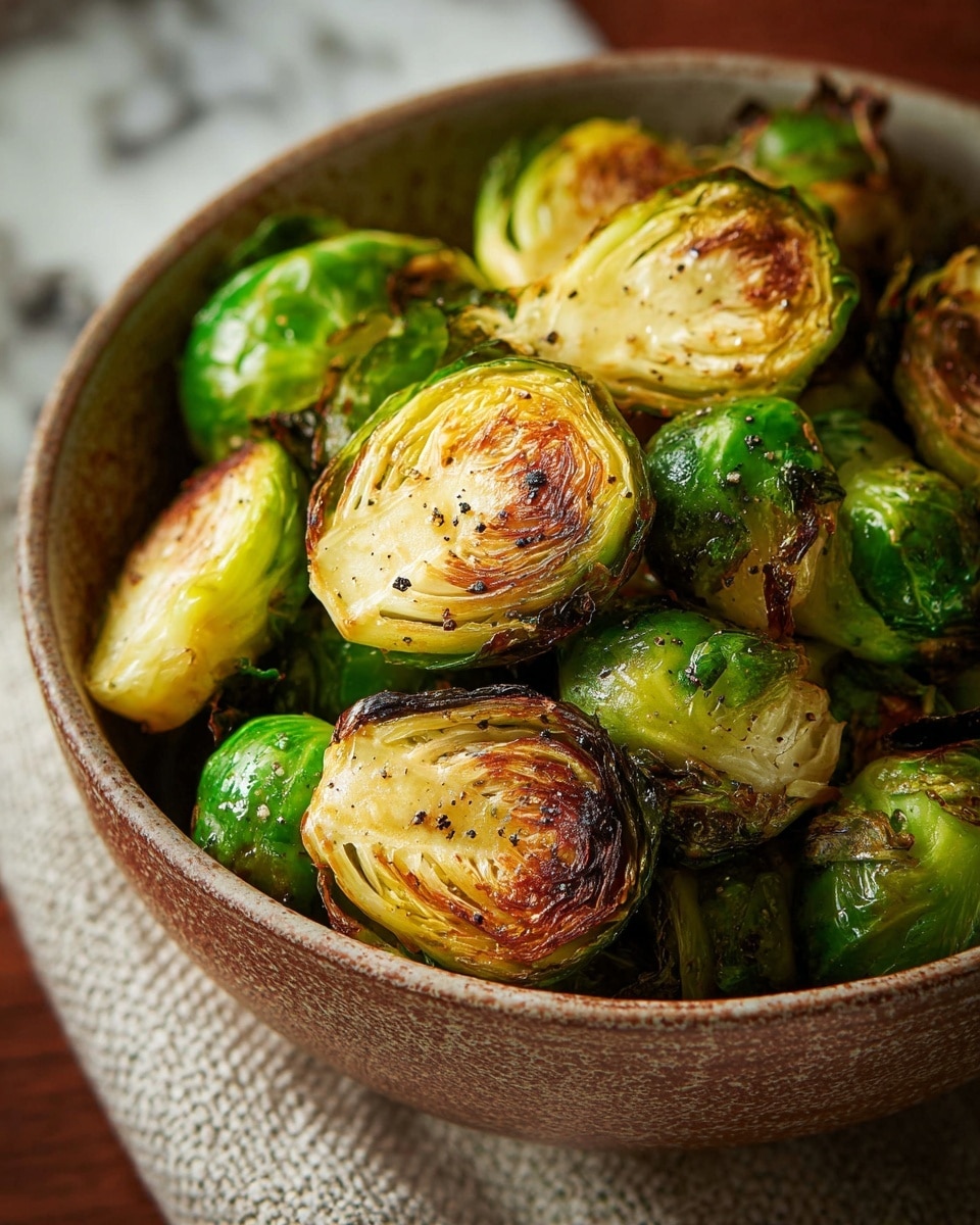 A close-up of a bowl filled with halved Brussels sprouts that are roasted to a golden brown on the cut sides, showing crispy, caramelized layers with a mix of bright green outer leaves and light yellow inner leaves. The bowl itself is a textured earthenware with a rustic look, and the sprouts appear seasoned with specks of black pepper and light seasoning. The bowl rests on a textured cloth on a white marbled surface, giving a warm and inviting feel. photo taken with an iphone --ar 4:5 --v 7