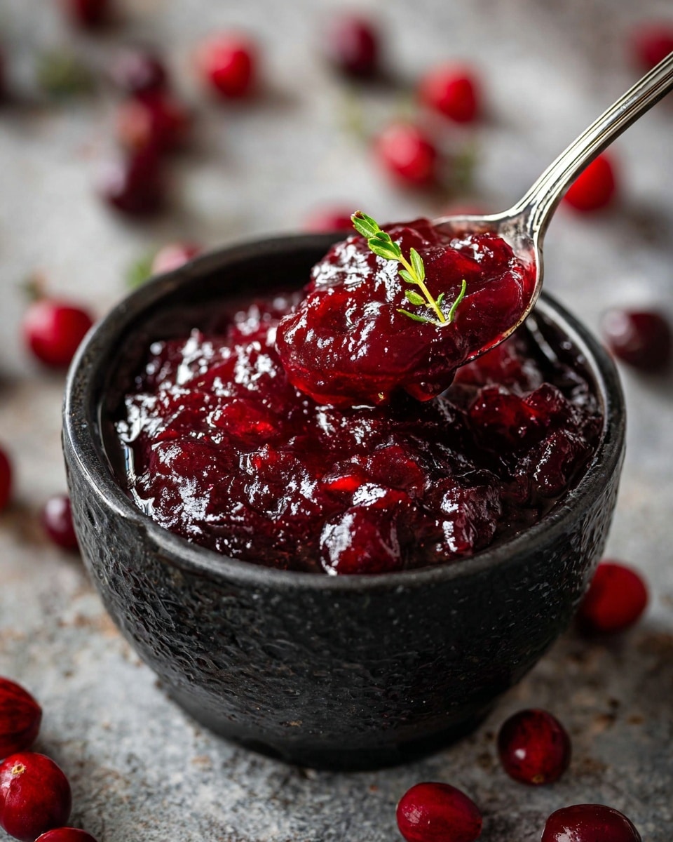 A small textured black bowl holds a thick, glossy, deep red cranberry sauce with visible chunks, giving it a rich, lumpy texture. A silver spoon, partly immersed, scoops up a rounded serving of sauce, catching light on its shiny surface. A small green herb sprig rests on top, adding a touch of freshness and contrast. The bowl sits on a dark rustic surface with scattered cranberries blurred in the background, creating a warm, deep-toned setting. photo taken with an iphone --ar 4:5 --v 7