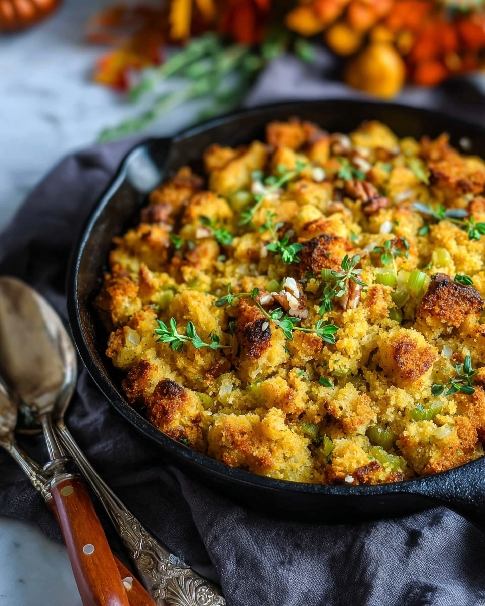The image shows a black cast iron skillet filled with a golden brown stuffing dish. The stuffing has three visible layers: the base layer is made of crumbly, light yellow cornbread, the middle layer has chopped green celery pieces and herbs, and the top layer is a crispy, toasted mixture of crumbled bread with small sprigs of fresh green herbs and nuts scattered throughout. The skillet rests on a soft dark gray cloth with a silver fork and knife with wooden handles beside it. The background is a white marbled texture with blurred warm-toned autumn decorations. Photo taken with an iphone --ar 4:5 --v 7
