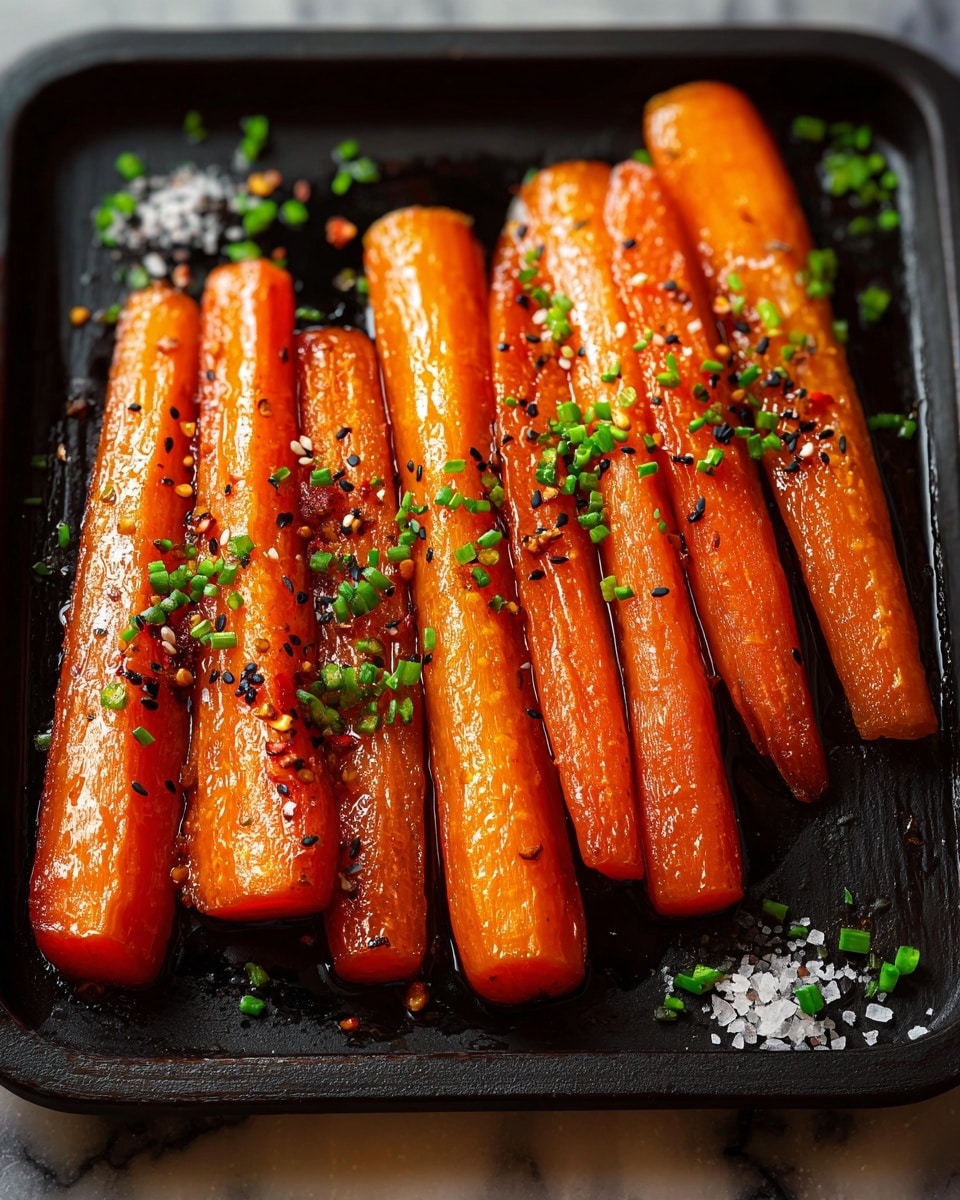 The image shows six thick, glossy orange carrot sticks arranged neatly on a black rectangular pan. The carrots are roasted, with a shiny, caramelized surface sprinkled with black sesame seeds, crushed red pepper flakes, and small bright green chopped chives. The pan sits on a white marbled texture, with a few scattered chives and coarse salt visible around it. The overall look is warm, rich, and appetizing. photo taken with an iphone --ar 4:5 --v 7