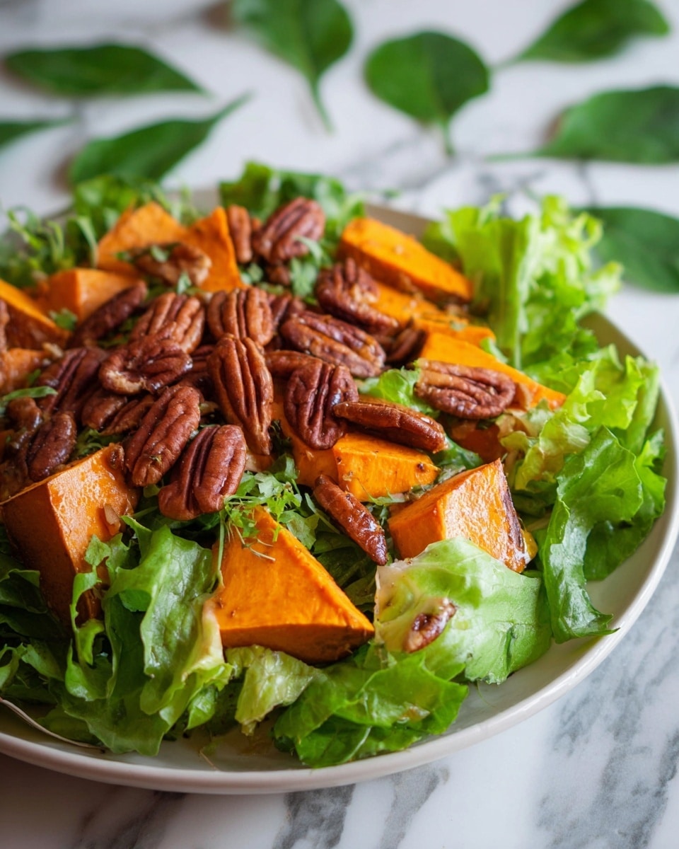 A fresh salad is shown in a white plate placed on a white marbled surface, featuring three main layers. The base layer is a bed of mixed green leafy vegetables, including spinach and lettuce, which have vibrant green colors and a soft texture. On top of the greens, there are thick, chunky pieces of bright orange sweet potato with their skin still on, giving a slightly rough texture and a warm hue. Scattered generously on the top are dark brown pecan nuts, smooth and slightly shiny, adding a crunchy element to the salad. Photo taken with an iphone --ar 4:5 --v 7