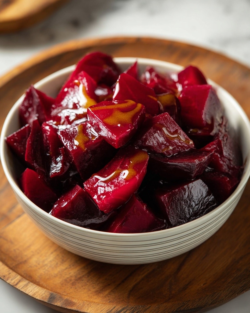 The image shows a bowl filled with glossy, deep red beet pieces that are cut into small, uneven chunks. The beet pieces have a shiny texture, glistening under a light coating of golden-brown sauce drizzled over the top. The bowl is white with subtle horizontal lines and sits on a round wooden board, all placed on a white marbled surface. The lighting highlights the rich and fresh look of the beets, making the dish appear moist and flavorful. photo taken with an iphone --ar 4:5 --v 7