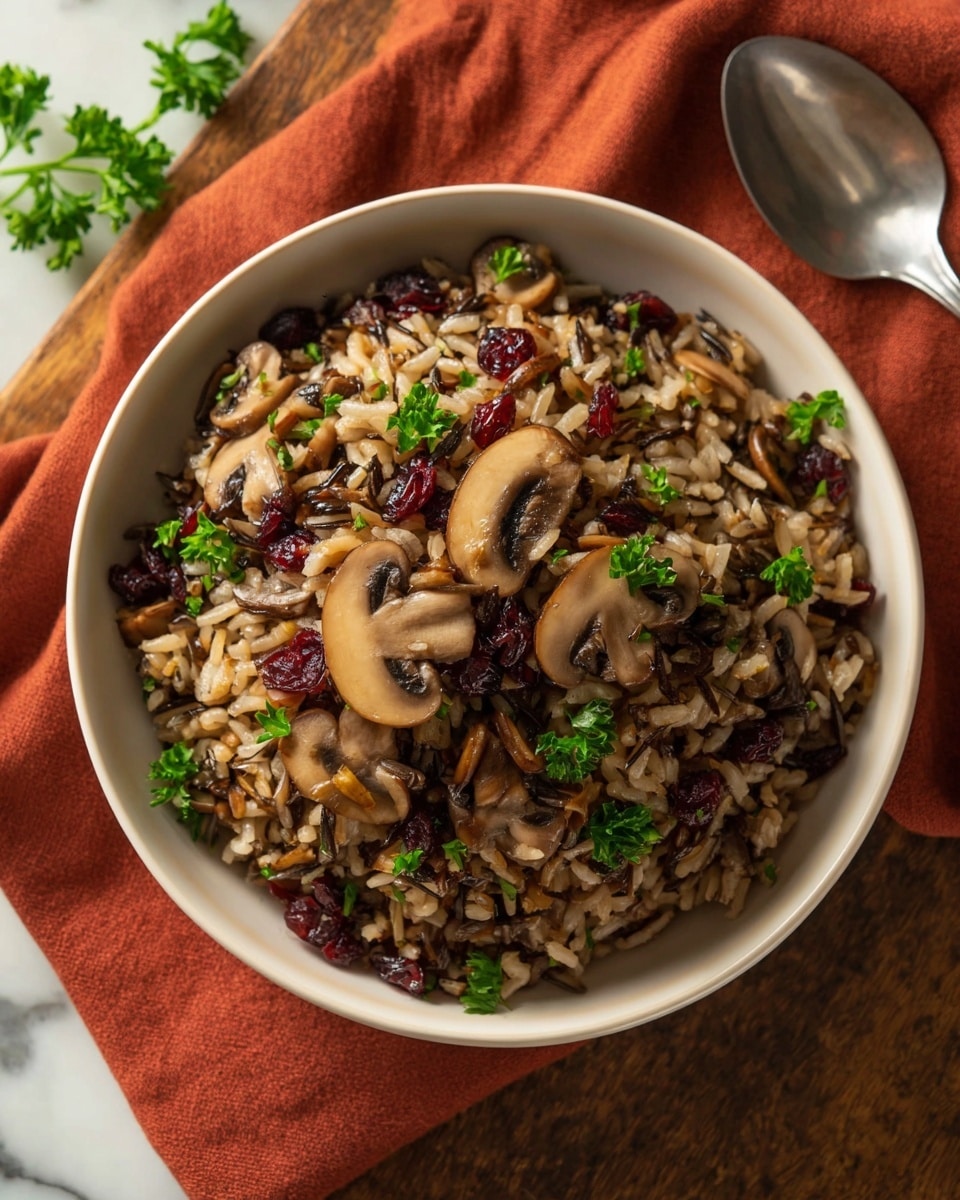 A white bowl filled with a mix of cooked brown and wild rice, topped with sliced cooked mushrooms that are light brown with a soft texture, scattered pieces of dark red dried cranberries, and bright green fresh parsley leaves. The dish looks fluffy and well mixed, placed on a folded burnt orange cloth over a white marbled surface. A silver spoon is placed to the right side of the bowl. photo taken with an iphone --ar 4:5 --v 7