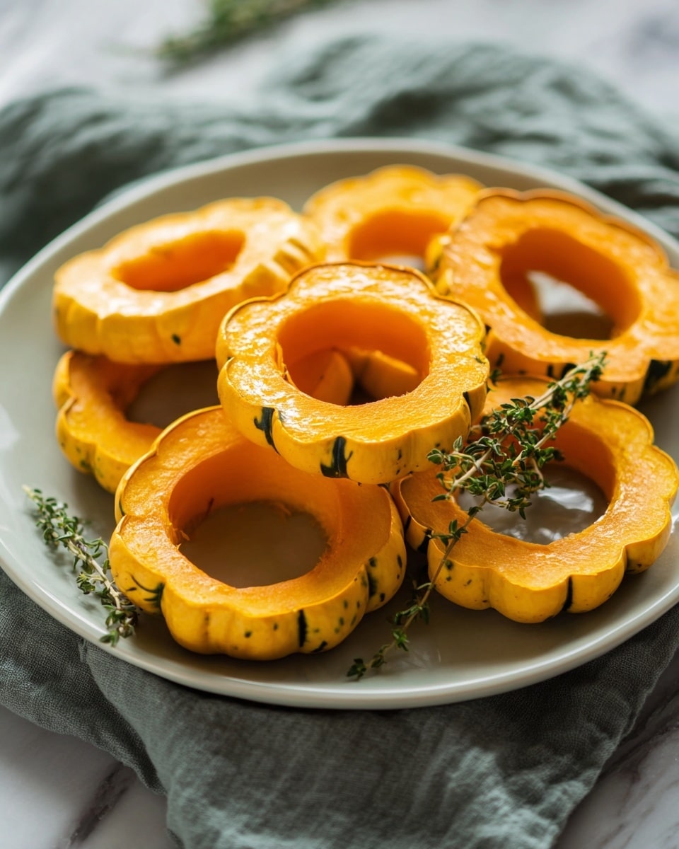 The image shows several pieces of sliced yellow-orange squash arranged on a white plate. Each squash slice has a scalloped edge with a pale yellow outer skin and a bright, smooth orange interior. Some small green herb sprigs are placed on top of the squash slices for decoration. The plate rests on a beige cloth, with the whole scene set against a white marbled surface. photo taken with an iphone --ar 4:5 --v 7