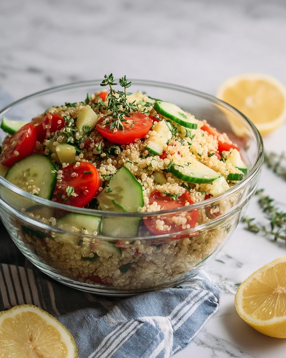 A clear glass bowl filled with a colorful quinoa salad sits on a white marbled texture. The salad has three main layers: the bottom and middle layers are made of small light beige quinoa grains mixed with bright green cucumber slices, and the top layer has red cherry tomato halves and a few green herbs, including sprigs of thyme, placed on top. The bowl is accompanied by fresh lemon wedges on the marbled surface, with a striped blue and white cloth partially visible under the bowl. photo taken with an iphone --ar 4:5 --v 7