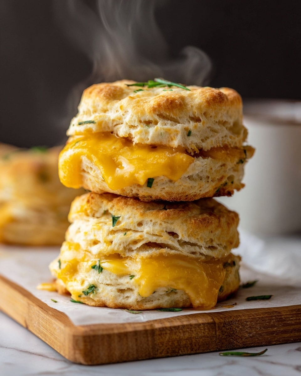 Two stacked round biscuit sandwiches sit on a piece of white parchment paper on a wooden board with a white marbled texture beneath. Each sandwich has two golden-brown biscuit layers with a soft, slightly flaky texture and small green herb pieces visible inside the dough. Between the biscuit layers, bright yellow melted cheddar cheese oozes out, showing a creamy and rich texture. Steam rises gently from the top sandwich, highlighting its warmth and freshness. The background is blurred with a soft dark color, focusing attention on the biscuits. photo taken with an iphone --ar 4:5 --v 7