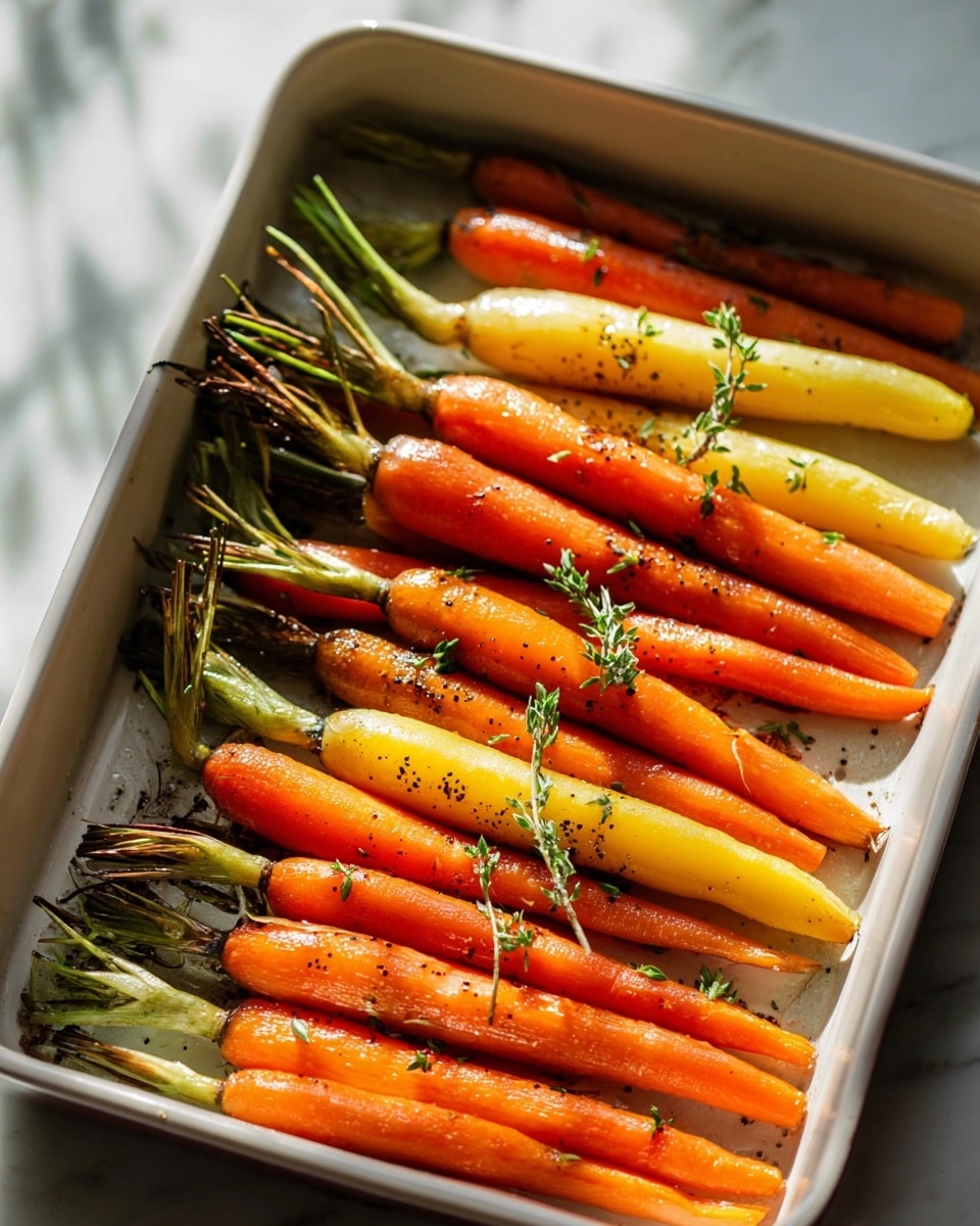 The image shows a white rectangular baking tray filled with two layers of whole roasted carrots, arranged in parallel rows. The bottom layer has orange carrots while the top layer has a mix of orange and yellow carrots, both glistening with a light roast and sprinkled with black pepper. Small green herb sprigs are scattered on top of the carrots, adding contrast. The tray sits on a white marbled surface with soft natural light casting gentle shadows, and the carrot greens stick out from one end of the tray. photo taken with an iphone --ar 4:5 --v 7