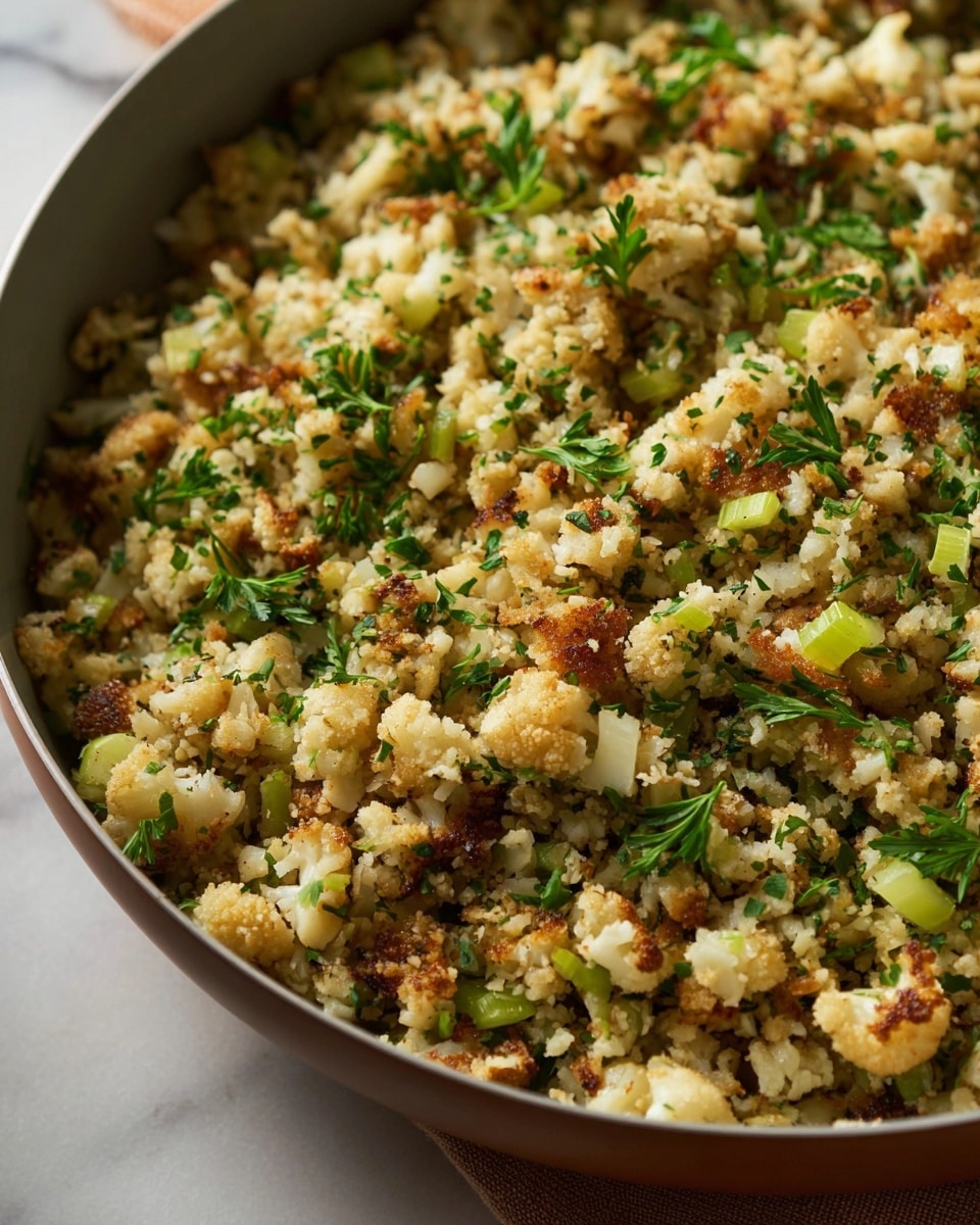 A close-up view of a large pan filled with light beige, small crumbled pieces of cooked cauliflower mixed with small chunks of pale green celery and finely chopped herbs in various green shades. The dish has some browned, slightly crispy bits scattered throughout, adding texture and a golden color contrast. Fresh green leaves are sprinkled unevenly on top, giving a touch of brightness. The pan edges are visible, showing a white marbled surface under it with soft, natural lighting highlighting the dish’s texture. photo taken with an iphone --ar 4:5 --v 7