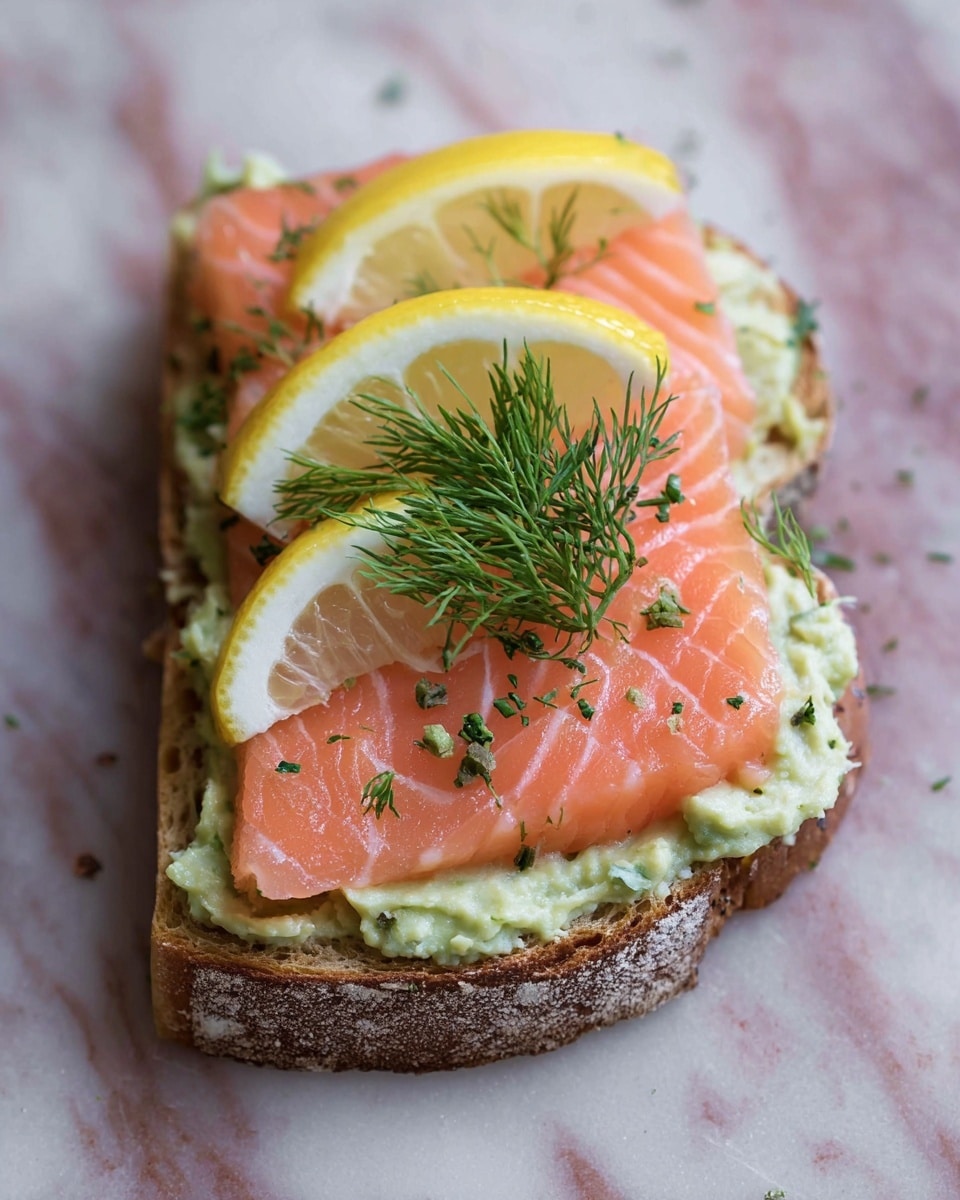 A slice of rustic bread forms the base, with a thick layer of creamy green avocado spread evenly on top. Above that is a chunk of pinkish-orange smoked salmon, smooth and delicate with herb flecks. Three pale yellow lemon wedges are placed at the back edge of the salmon, and fresh green dill sprigs sit on top, adding a delicate texture and color contrast. The sandwich is set on a wooden surface with a soft focus on a second, similar sandwich in the background. photo taken with an iphone --ar 4:5 --v 7