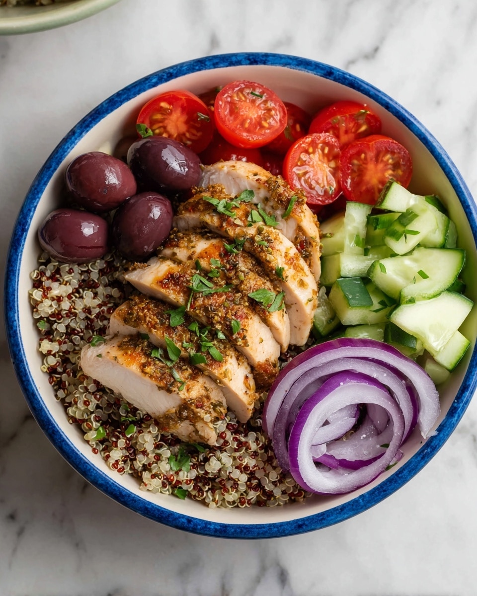 A white bowl with a blue rim holds a colorful layered dish starting with a bed of white and red quinoa at the bottom. On top of the quinoa, there are several thick slices of cooked chicken breast, seasoned and garnished with small green herbs. To the left, deep purple olives sit next to bright red cherry tomatoes, some whole and some cut in half showing their juicy inside. Above the chicken and tomatoes, there are light green cucumber pieces cut into chunks. On the right side of the bowl, thin rings of purple onion add a sharp contrast in color. The bowl sits on a white marbled surface. photo taken with an iphone --ar 4:5 --v 7