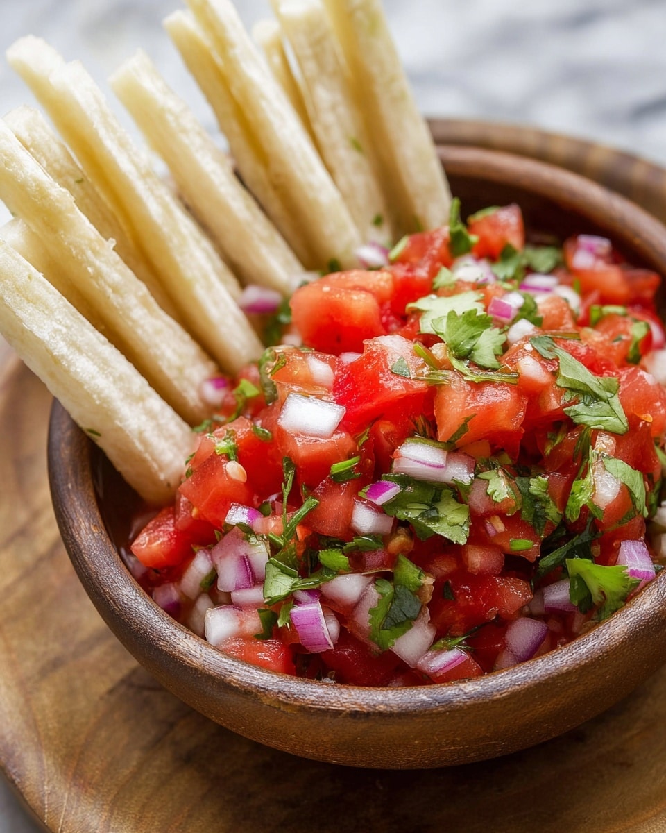 The image shows a brown bowl filled with fresh salsa made of red tomato chunks, finely chopped purple and white onion pieces, and green cilantro leaves mixed together. Around one side of the bowl, there are tall, pale beige sticks that look crispy and slightly rough in texture, standing upright in a fan shape behind the salsa. The bowl is placed on a white marbled surface. photo taken with an iphone --ar 4:5 --v 7