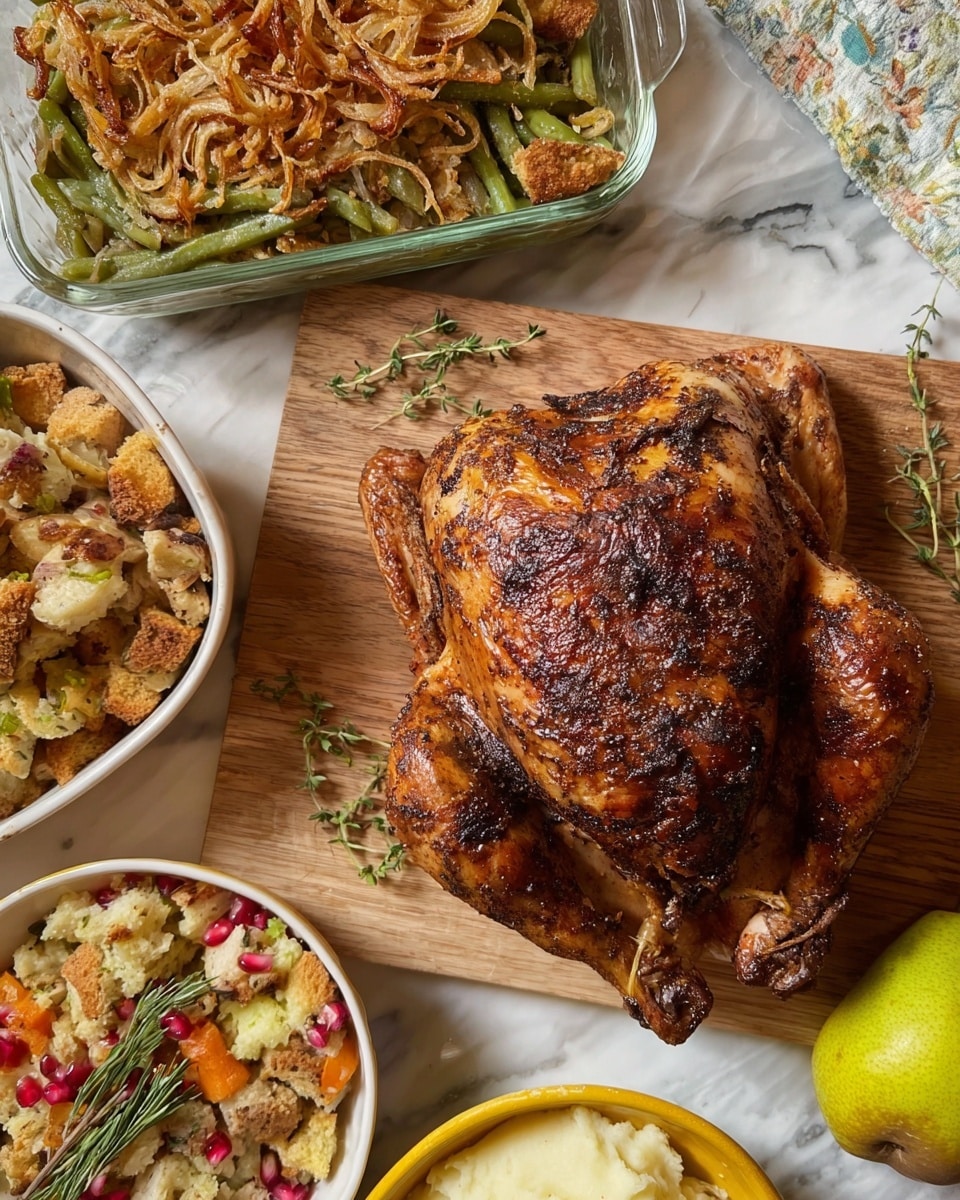 A whole roasted chicken sits on a wooden cutting board, its skin a dark golden brown with some crispy, slightly charred areas, giving it a textured, rustic look. The chicken is positioned with the legs facing forward and the wings tucked neatly to the sides. To the left, a clear glass dish holds a creamy green bean casserole topped with golden crispy fried onions, showing a smooth yet chunky texture beneath. Below the green bean casserole, a white ceramic dish contains a colorful stuffing with chunks of bread, diced orange carrots, pink onions, and bright red pomegranate seeds, decorated with sprigs of fresh green thyme. A yellow ceramic spoon rests beside the stuffing dish. At the bottom right, a portion of creamy mashed potatoes with green herbs is visible in a white bowl, and a fresh whole pear with a green-yellow color lays next to the dishes on a white marbled surface. A woman's hand is holding a fork, slightly piercing the chicken breast. photo taken with an iphone --ar 4:5 --v 7