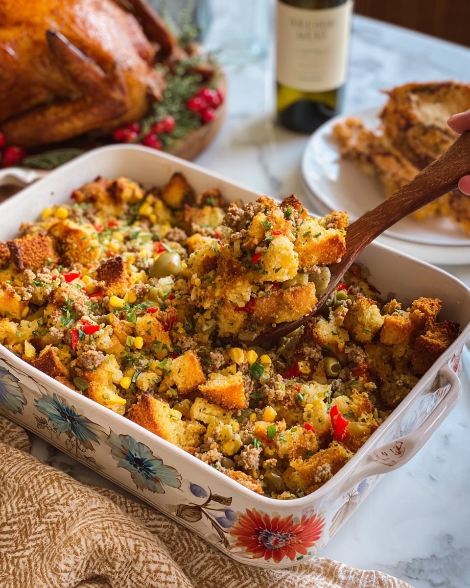 A close-up view of a baked stuffing dish in a white rectangular ceramic pan with colorful flower designs on the sides, filled with a textured mixture showing layers of golden brown bread cubes, ground meat, chopped green olives, red bell pepper pieces, corn, the green of fresh herbs, and onions, with a wooden spoon lifting a scoop from the right side. In the background, there is a roasted whole chicken on a white plate and a bottle of wine on a white marbled surface. A woman's hand holds the wooden spoon, and a patterned beige cloth is partially visible near the pan. photo taken with an iphone --ar 4:5 --v 7