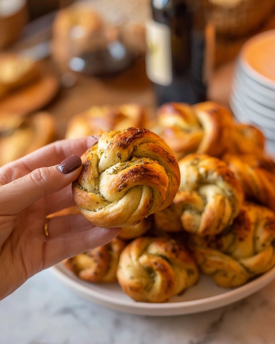 A woman's hand with brown nail polish is holding a small, golden-brown knotted bread roll with visible layers of twisted dough and herbs inside. Below the hand, there is a white plate filled with many similar knotted bread rolls, showing light golden outer crusts and slightly paler inner dough with specks of herbs. Behind the plate, a blurred dark bottle and other white plates appear on a white marbled surface. The warm lighting enhances the bread's soft texture and golden color. photo taken with an iphone --ar 4:5 --v 7