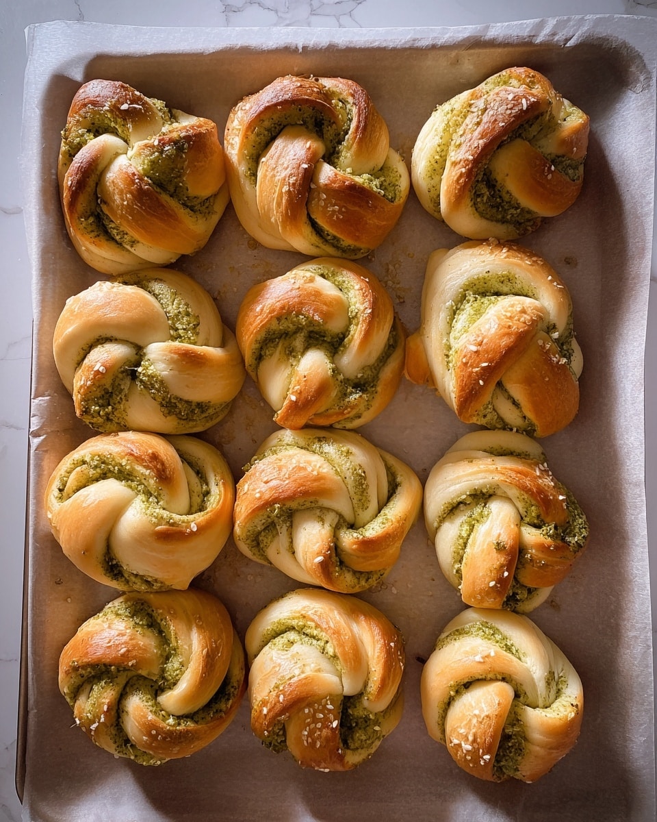 A tray of twelve knot-shaped baked bread rolls is shown, arranged neatly in three rows and four columns on parchment paper. Each roll has two clear layers of soft, golden-baked dough twisted together with a green herb spread, creating a swirled pattern. The outer dough layers are lightly browned, with the green herb pesto visible in the folds and creases of the knots, adding texture and color contrast. The rolls sit on a white marbled surface with warm lighting highlighting their fresh, fluffy texture. photo taken with an iphone --ar 4:5 --v 7