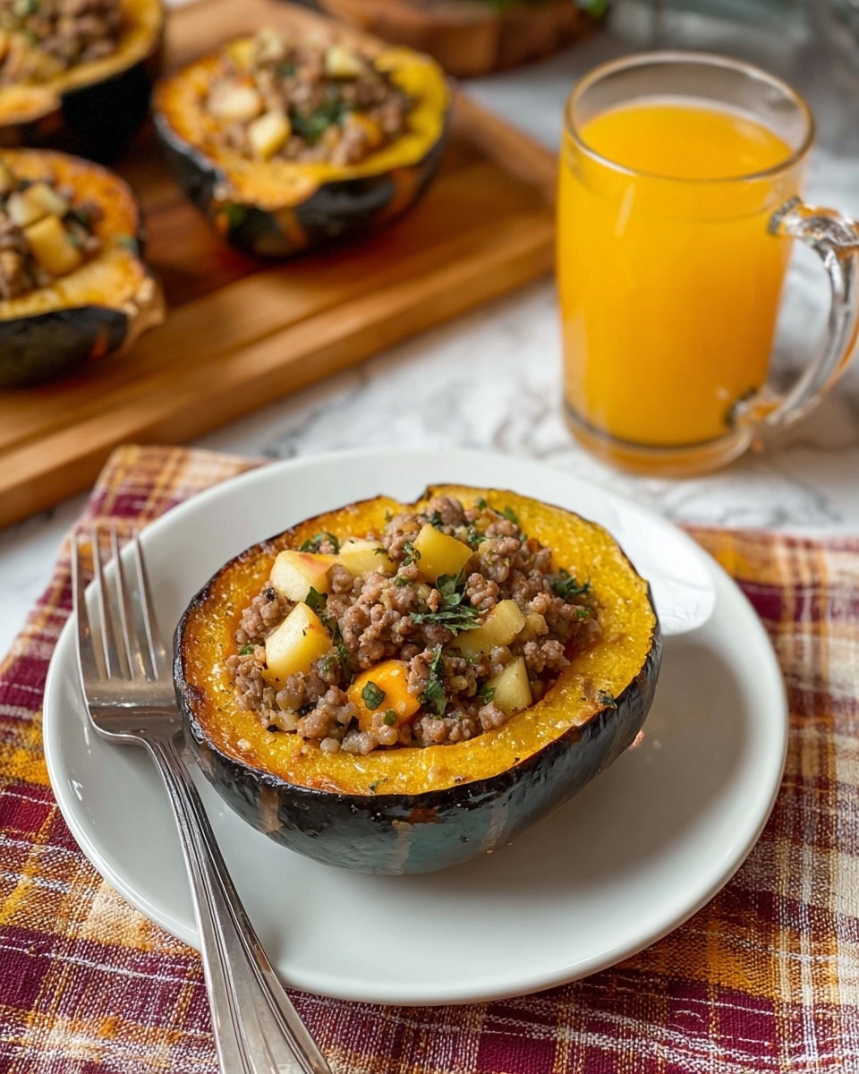 The image shows a white round plate with a stuffed acorn squash half as the main dish. The squash skin is dark green and forms the outer layer, while the inner flesh is a bright orange-yellow, soft and cooked. The stuffing fills the center and is made up of light brown cooked ground meat mixed with chopped onions, small diced yellow apple pieces, and some green herbs scattered throughout. The plate rests on a table covered with a checkered cloth with red, yellow, and gray lines. Next to the plate is a silver fork, and in the background, there are more stuffed squash halves on a light wooden board. To the right of the plate is a clear glass mug filled with orange juice. The whole scene sits on a white marbled textured surface. photo taken with an iphone --ar 4:5 --v 7