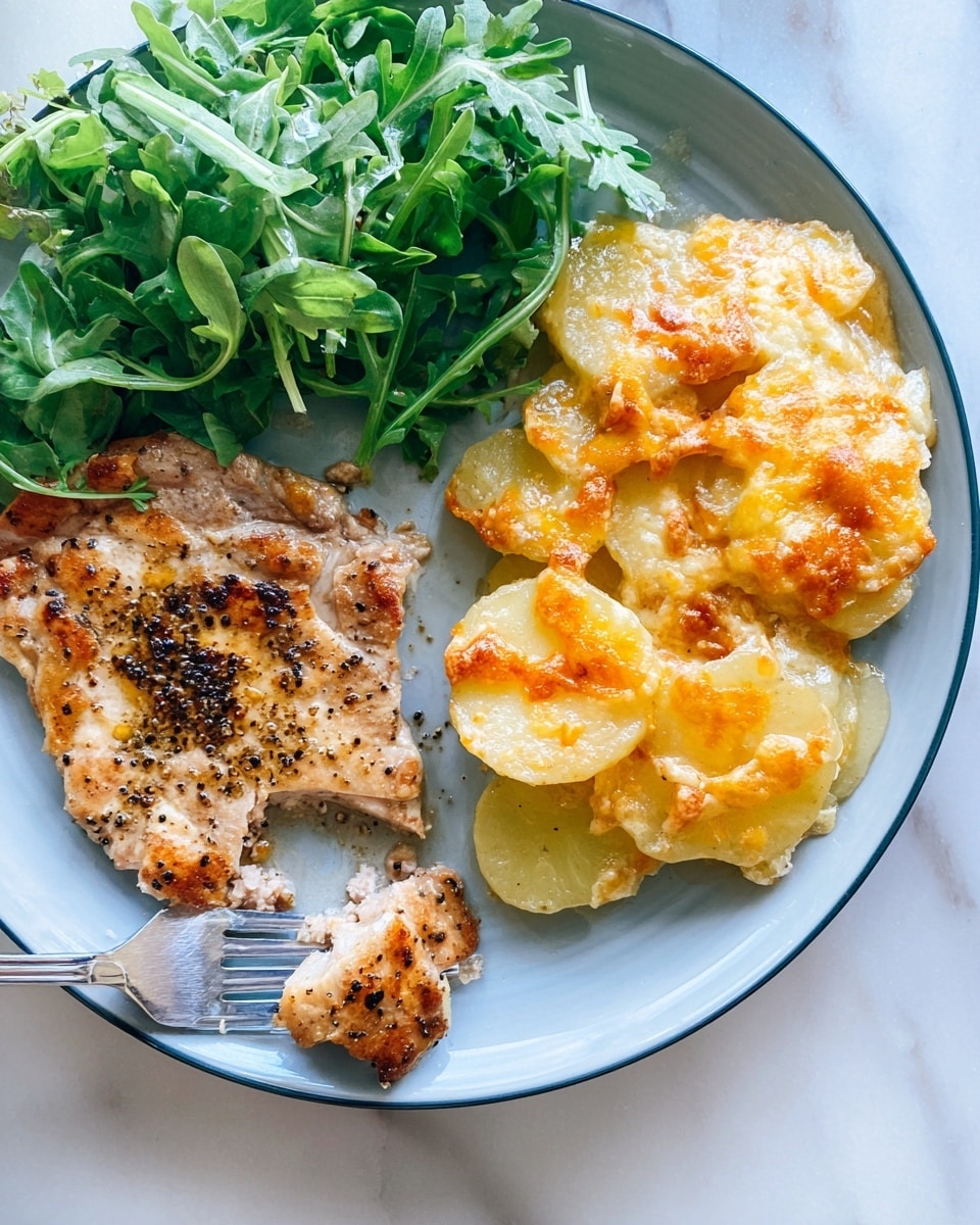 A white plate holds a meal with three main parts: on the left side, there is a piece of grilled meat with a golden brown color and black pepper bits on top, with a small bite taken out of it near the fork; next to the meat, there is a small bunch of fresh green arugula leaves with a rough texture and jagged edges; on the right side, there is a stack of scalloped potatoes with visible thin potato slices layered under a golden-brown melted cheese topping that has a bubbly and slightly charred texture, drizzled with some clear sauce. The plate is set on a white marbled surface. photo taken with an iphone --ar 4:5 --v 7