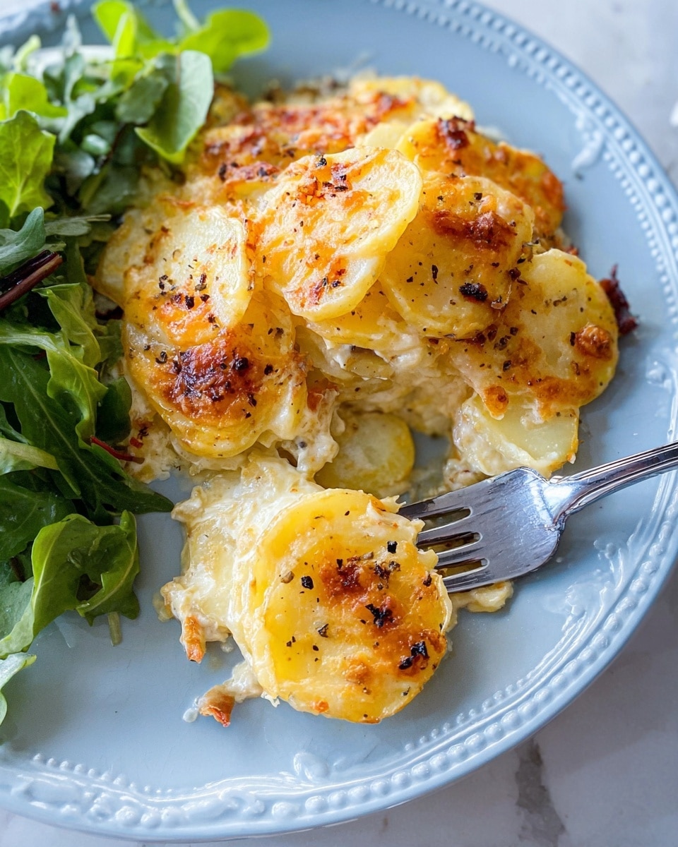 The image shows a serving of scalloped potatoes on a white plate with a light blue tint and delicate edge design. The dish has multiple layers of thin, creamy yellow potato slices, each separated by melted cheese and a golden-brown crust on top with a slightly crispy texture and black pepper flakes sprinkled across. The potatoes are soft and tender, visible where a silver fork has scooped through part of the dish, lifting a portion with a mix of browned cheese and creamy sauce. On the side of the plate is a small pile of fresh, bright green leafy herbs. The plate rests on a white marbled surface. photo taken with an iphone --ar 4:5 --v 7