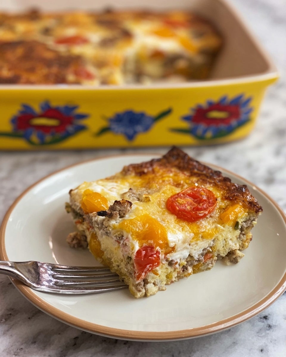 A slice of baked casserole with three visible layers sits on a white plate with a beige rim; the bottom layer is a light crunchy crust mixed with bits of vegetables, the middle layer shows a creamy mixture with chunks of ground meat and pieces of red and yellow bell peppers, and the top layer is browned and slightly burnt cheese with melted spots of white and orange, with some cherry tomato pieces peeking through; a silver fork rests next to the slice. In the background, a yellow casserole dish decorated with red and blue flowers holds the remaining casserole, showing the same layers and colors. The scene rests on a white marbled textured surface. Photo taken with an iphone --ar 4:5 --v 7