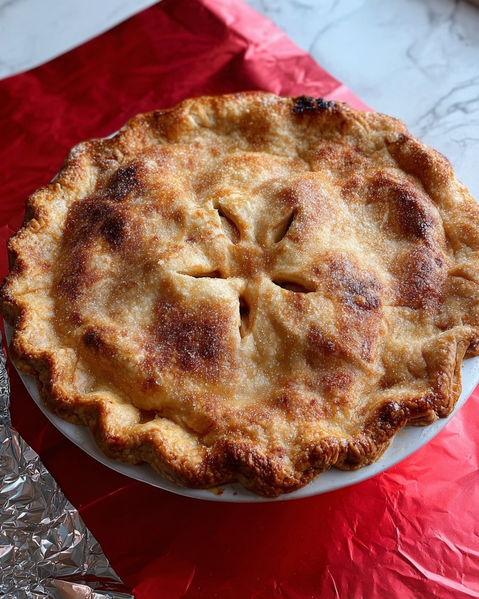 A golden brown pie with a slightly uneven crust sits on a white plate, the edges crimped and puffed with a flaky texture. The top crust has a few deep slits arranged in a star pattern, revealing a glimpse of the filling inside. The surface of the crust shows areas of darker browning, giving it a rustic, homemade look with a light dusting of sugar or flour. The pie is placed on crinkled aluminum foil, set on a bright red heat-resistant mat, all resting on a white marbled surface. Photo taken with an iphone --ar 4:5 --v 7