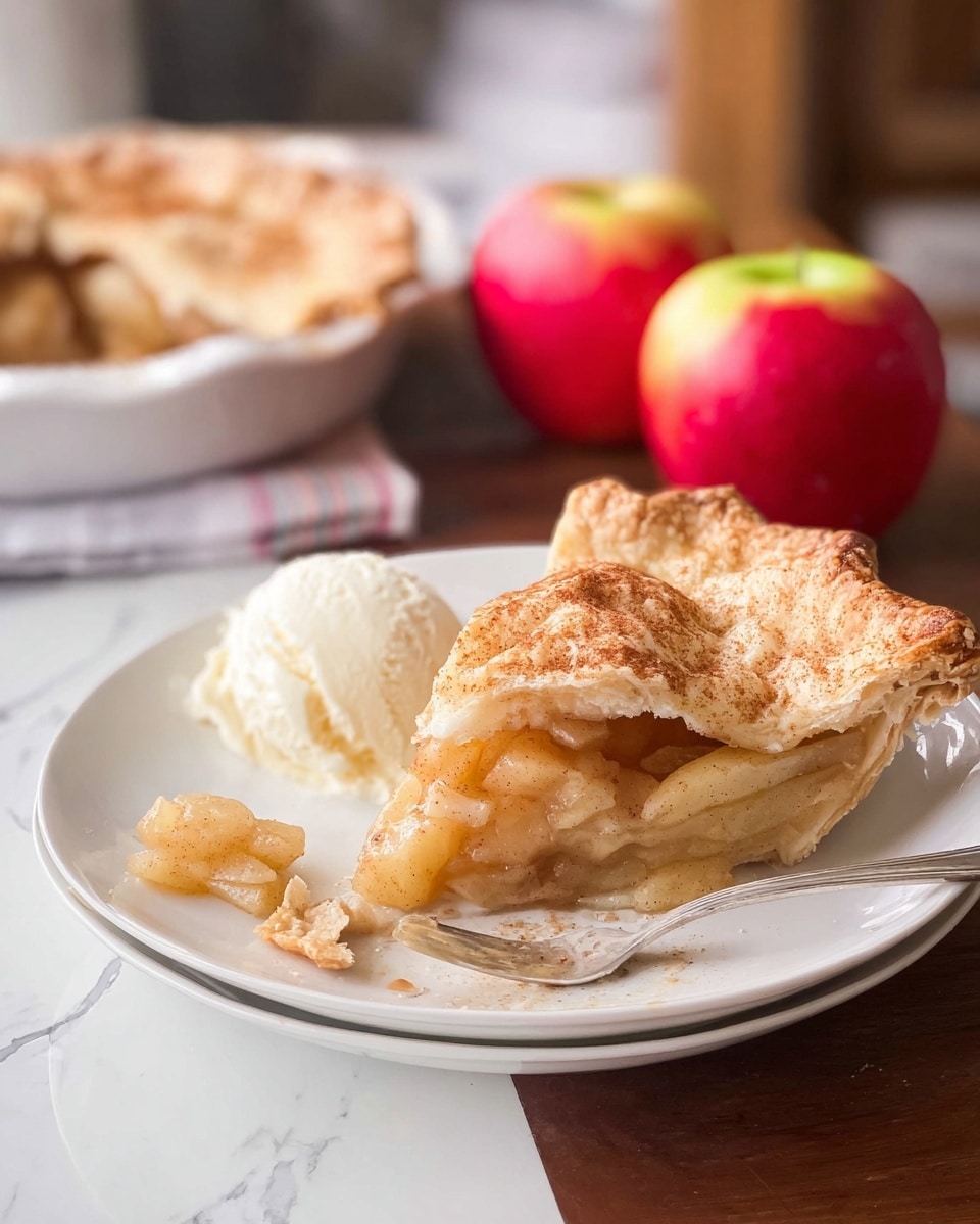 A slice of apple pie with a golden-brown crust sits on a white plate, showing two layers: a top layer of flaky, slightly puffed crust sprinkled lightly with cinnamon, and underneath, soft, translucent apple slices soaked in syrup, pale yellow in color. To the left of the pie on the plate is a scoop of creamy, white vanilla ice cream, slightly melting. A silver fork rests at the front edge of the plate, with a few small pieces of apple on it. In the background, there is a white pie dish with the rest of the pie, slightly out of focus, and two shiny red apples with yellow patches placed on a dark wooden table, all set against a white marbled surface. photo taken with an iphone --ar 4:5 --v 7