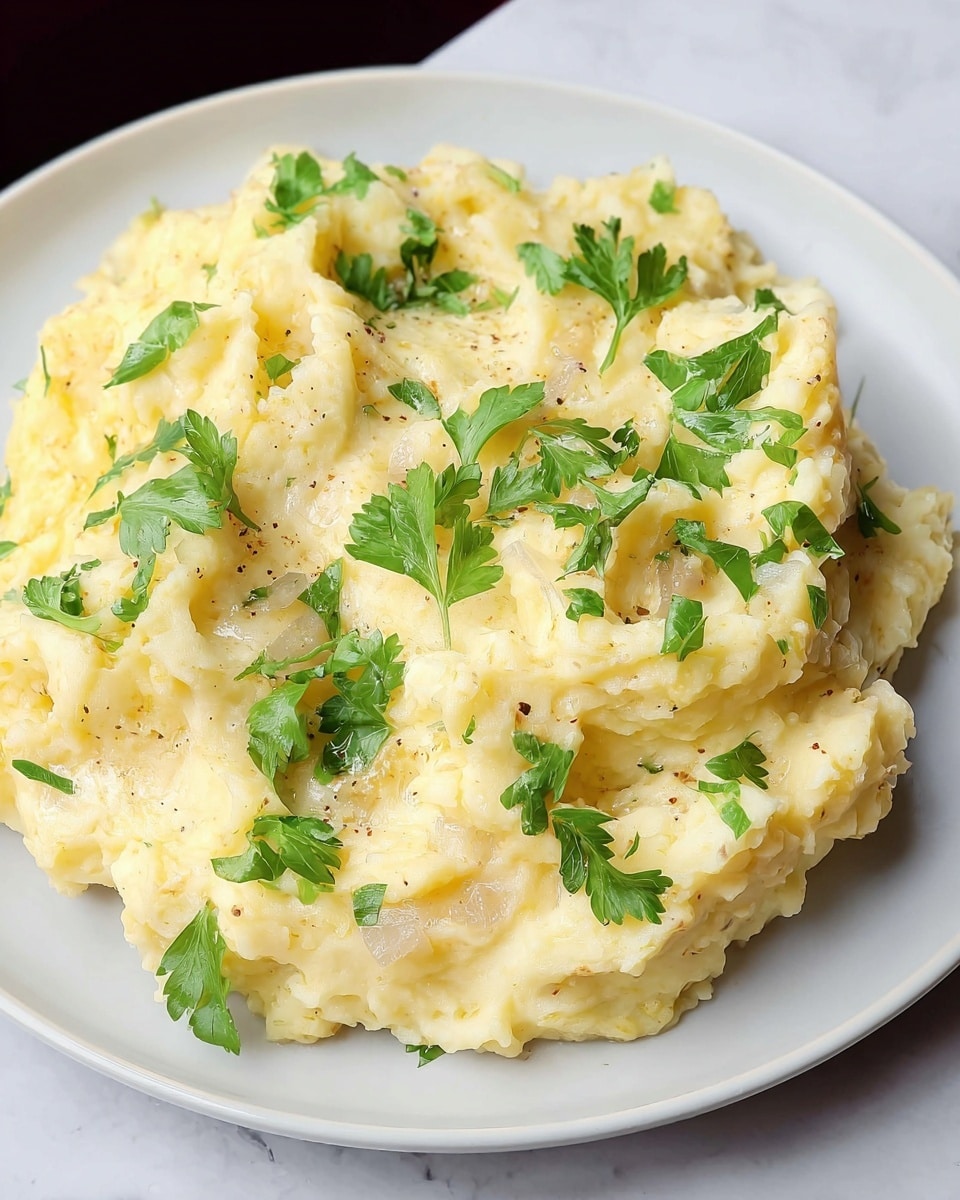 The image shows a close-up of a creamy yellow scrambled egg layer as the base, soft and slightly fluffy in texture, topped with a thick, light brown mushroom gravy that contains sliced mushrooms and small bits of herbs mixed in. Fresh bright green parsley leaves are scattered across the gravy, adding a touch of color and freshness. All of this is placed on a white plate, sitting on a white marbled textured surface. The scene is cozy and appetizing, focusing on the warm and rich textures of the dish. photo taken with an iphone --ar 4:5 --v 7