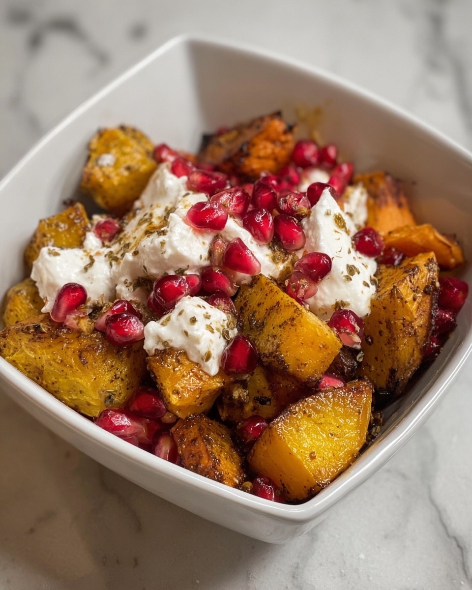 A white square bowl filled with roasted chunks of golden brown butternut squash and sweet potato, coated in a light caramelized spice mix. Scattered throughout are bright red pomegranate seeds adding a juicy pop of color. Soft white dollops of creamy ricotta cheese are layered unevenly on top, mingling with the roasted vegetables and seeds. The bowl sits on a white marbled surface, highlighting the rich warm colors of the dish. photo taken with an iphone --ar 4:5 --v 7