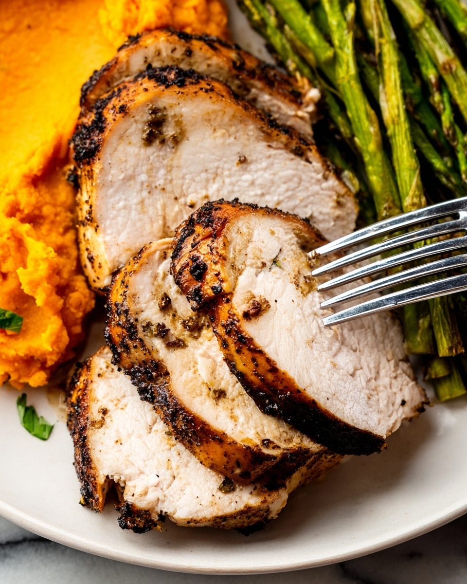 A white plate contains four slices of grilled turkey breast, each slice showing a browned, slightly charred edge with a light pinkish-white inside. One slice is held up by a fork, revealing tender, moist texture with seasoning bits on the surface. To the side of the turkey, there is a serving of bright green asparagus spears with a glossy, cooked look, and a scoop of smooth, vibrant orange mashed sweet potatoes next to the asparagus. The plate rests on a white marbled surface. photo taken with an iphone --ar 4:5 --v 7