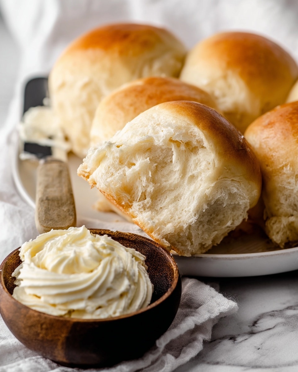 The image shows a close-up of soft, golden brown dinner rolls on a white plate, with one roll torn open to reveal a fluffy, light beige inside. On the opened roll's inner surface is a smooth, creamy white layer of butter spread generously. In the foreground, a small wooden bowl holds more creamy butter with swirl patterns on top. The scene is set on a white marbled texture, with a knife resting on the plate nearby. Photo taken with an iphone --ar 4:5 --v 7