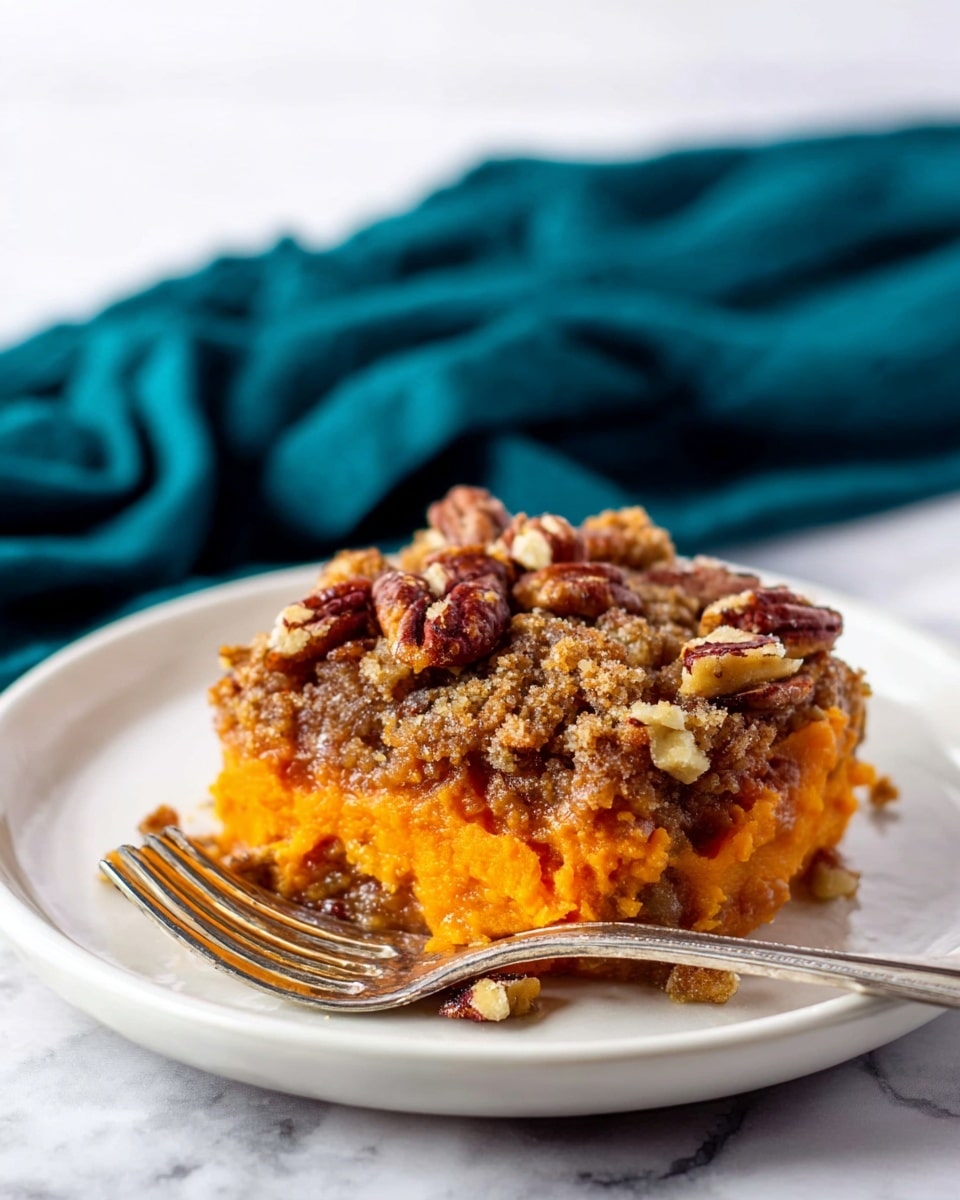 The image shows a single serving of a warm, layered sweet potato casserole on a white plate with a silver fork resting beside it. The bottom layer is a smooth, soft orange sweet potato mash, topped with a crunchy, golden-brown pecan and crumbly streusel topping with visible pecan halves mixed in. The plate sits on a white marbled surface with a dark teal cloth blurred in the background, giving a simple yet cozy feel. Photo taken with an iphone --ar 4:5 --v 7