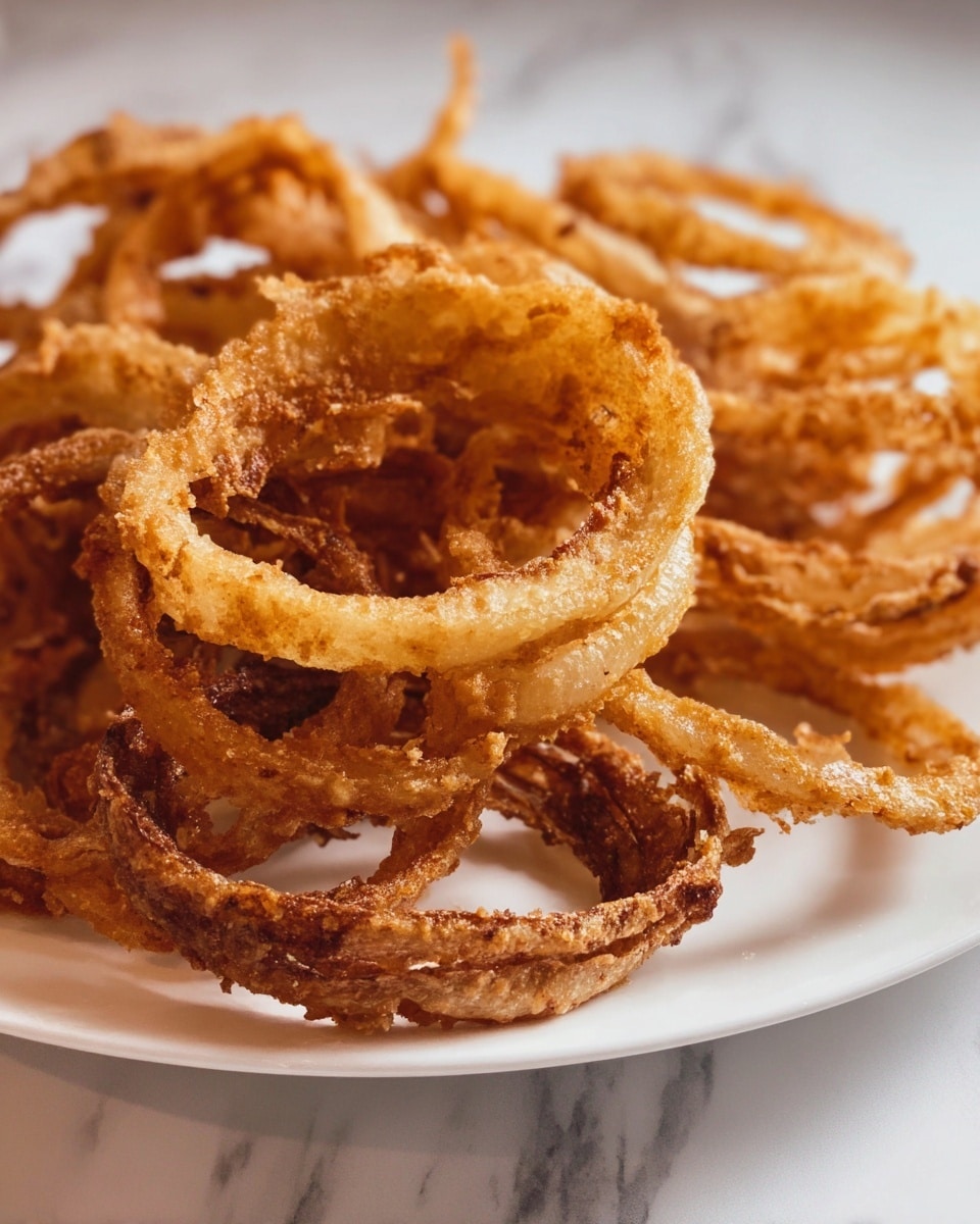 A pile of crispy fried onion rings is stacked high in the center of a white rectangular plate. The onion rings are golden brown with some edges darker, showing a crunchy texture, and they vary in size from small to medium. A few onion rings lay scattered on the white marbled surface below the plate, adding to the casual presentation. The background is softly blurred, keeping the focus on the textured and crunchy onion rings. Photo taken with an iphone --ar 4:5 --v 7