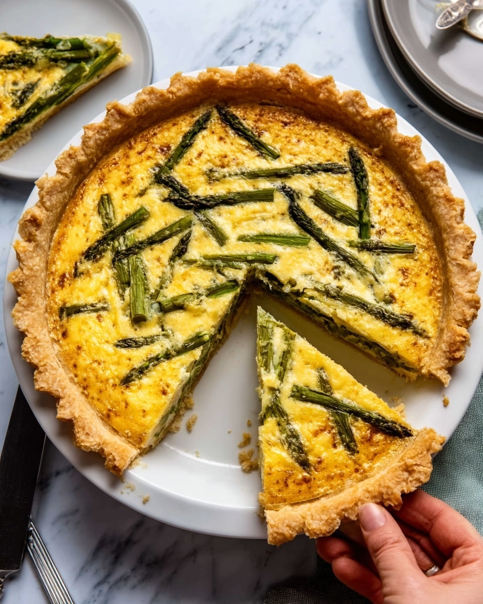 A round quiche with a golden-brown crust that is thick and slightly crimped along the edges, filled with a yellow egg mixture that has a smooth but slightly bumpy texture. Inside the filling, there are cooked green asparagus spears arranged unevenly, some partially submerged while others rest on top. One slice is cut and slightly separated from the quiche, revealing the even thickness of the crust and filling. The quiche is on a white plate sitting on a white marbled surface, with a knife nearby and a woman's hand reaching toward it. Photo taken with an iphone --ar 4:5 --v 7