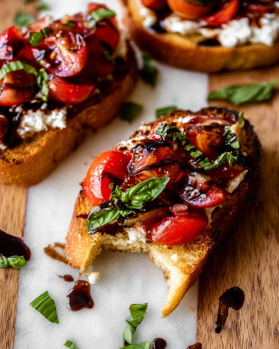 The image shows two pieces of toasted bread on a white marbled surface, each topped with layers from bottom to top: a crunchy golden-brown toasted bread slice, a layer of creamy white cheese, a drizzle of dark balsamic glaze, and bright red chopped tomatoes mixed with fresh green basil leaves. One piece in the front has a bite taken out, revealing the soft inside of the toast, with some balsamic glaze dripping onto the surface below, and scattered small pieces of basil around. The colors are very rich and fresh. photo taken with an iphone --ar 4:5 --v 7