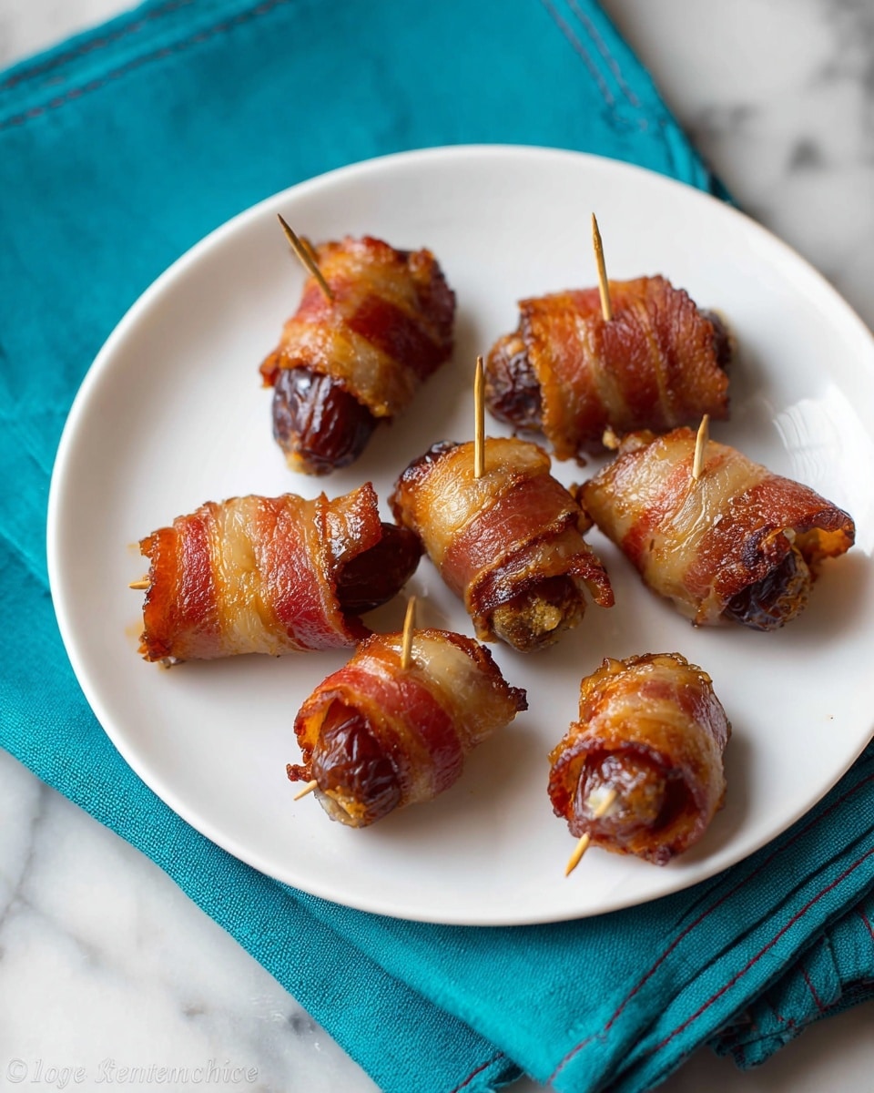 A white plate holds seven small bite-sized snacks, each made of a soft, reddish-brown date wrapped tightly with a strip of crispy, golden-brown bacon. The bacon has a slightly shiny texture and is secured with a small wooden toothpick piercing horizontally through each piece. Some dates show a little bit of lighter filling peeking out from the ends. The plate is placed on a folded turquoise cloth with visible stitching, set on a white marbled surface. photo taken with an iphone --ar 4:5 --v 7